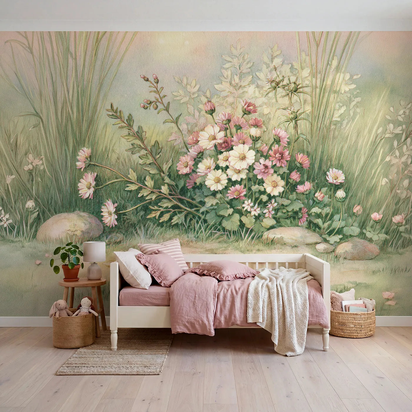 Storybook wall mural of a gentle flower garden by Whimsy Tots