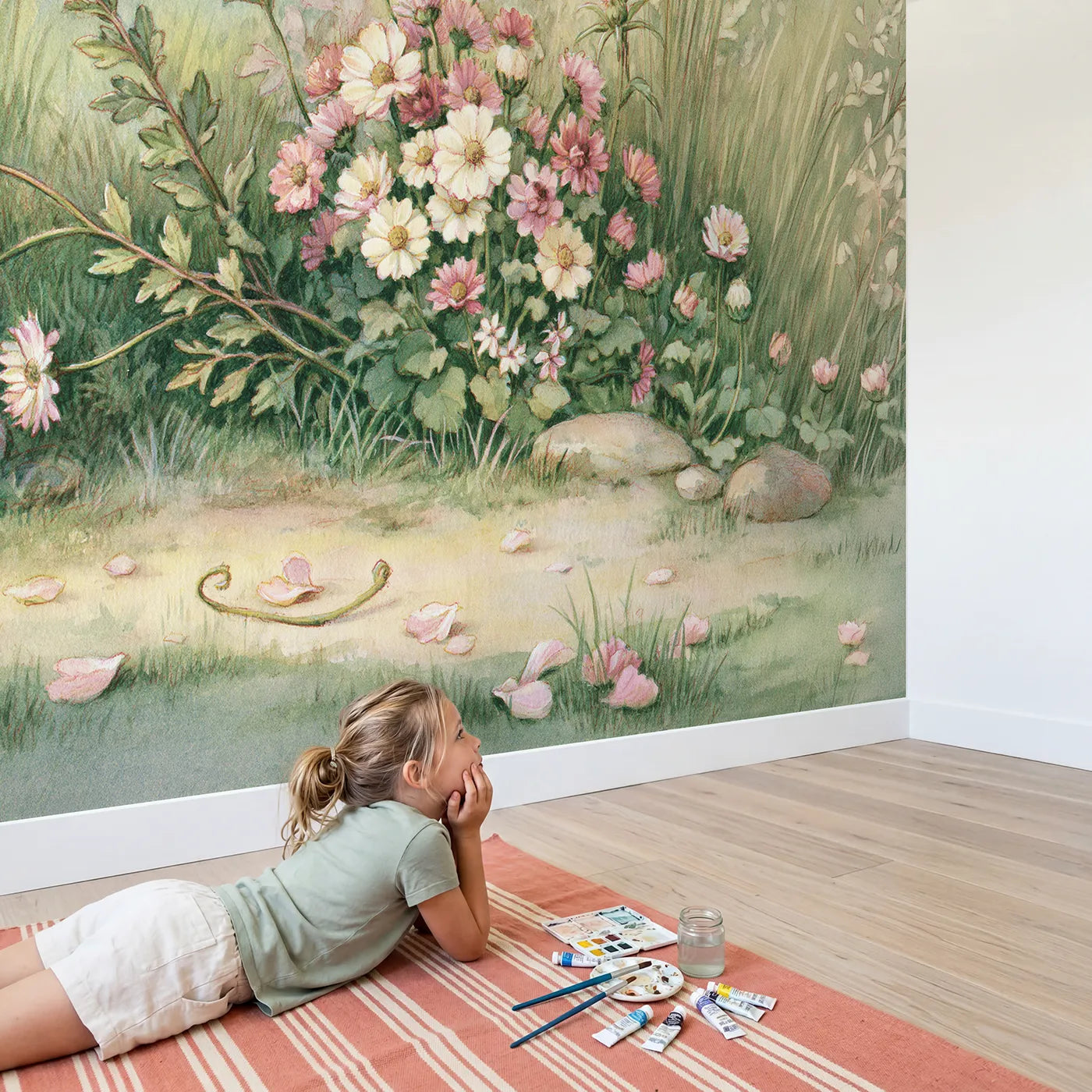 Child in nursery with Storybook Flower Garden Wallpaper Mural by Whimsy Tots