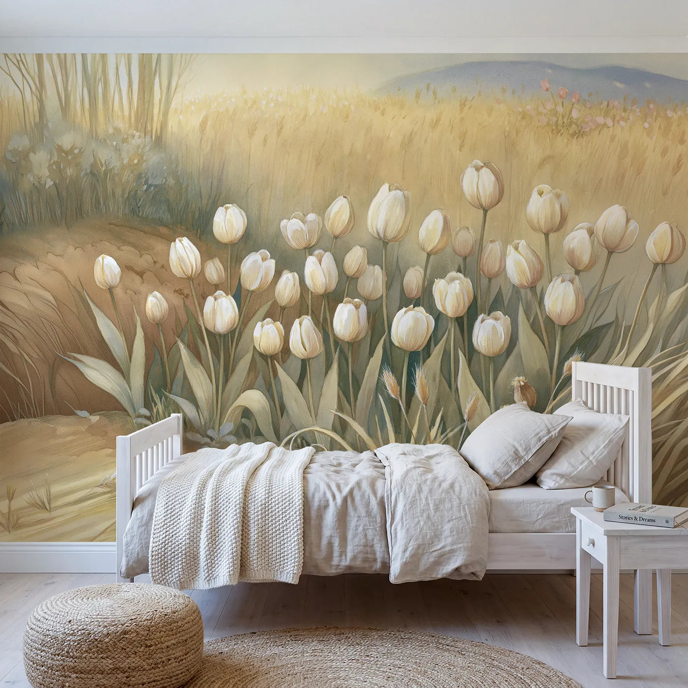 Storybook wall mural of a happy tulip row by Whimsy Tots
