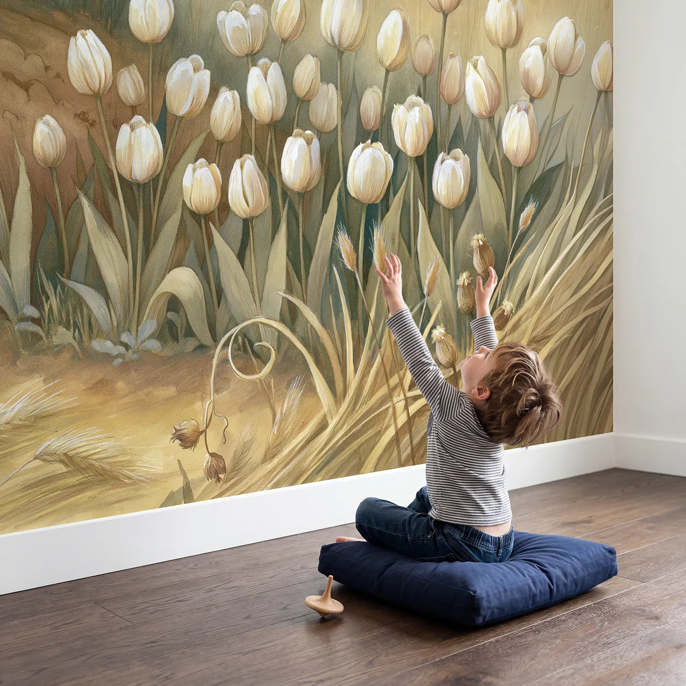 Child in nursery with Happy Tulip Row Wallpaper Mural by Whimsy Tots