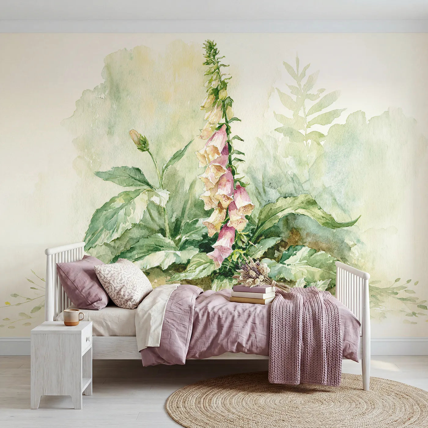 Watercolor wall mural of a foxglove bell stem by Whimsy Tots