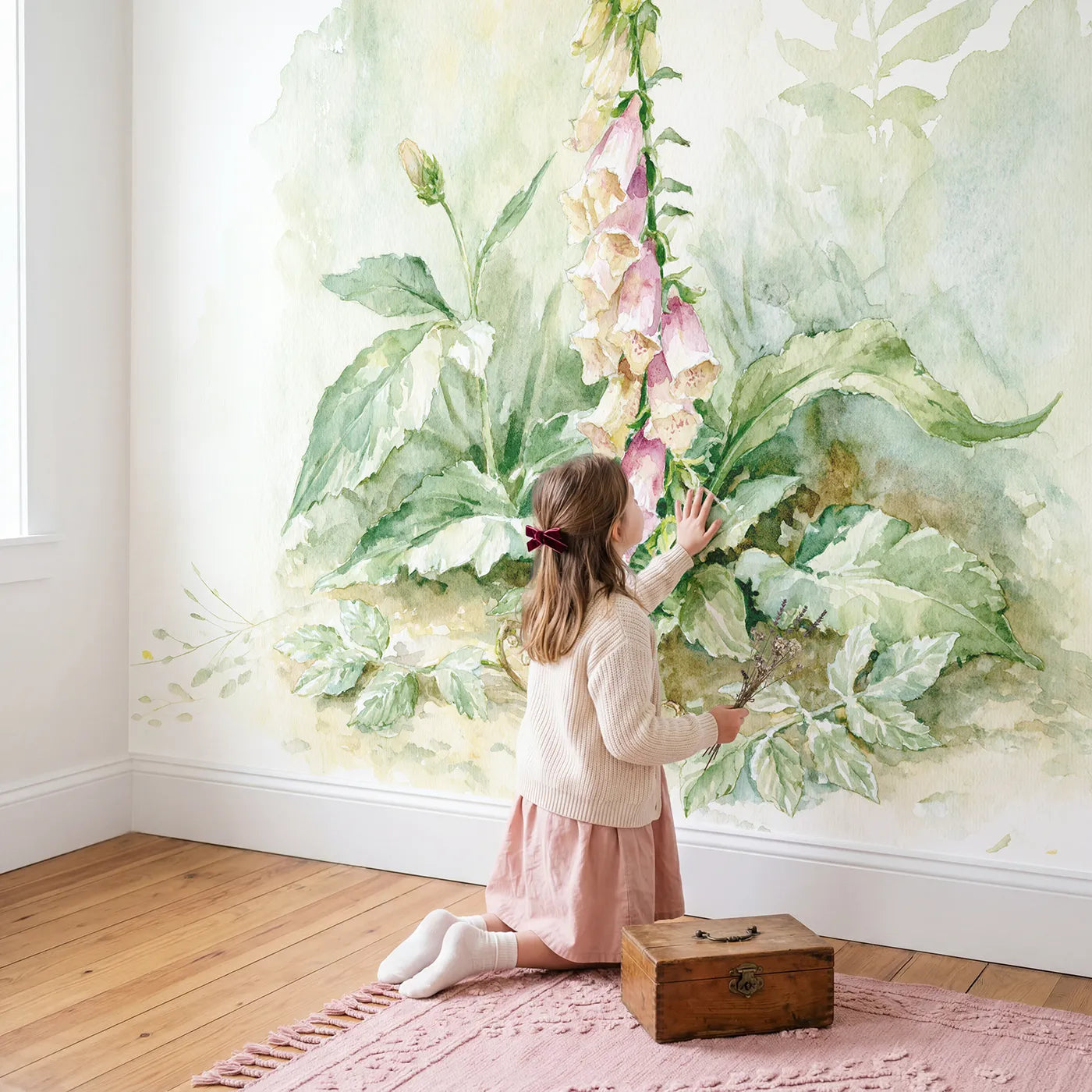 Child in nursery with Foxglove Stem Study Wallpaper Mural by Whimsy Tots