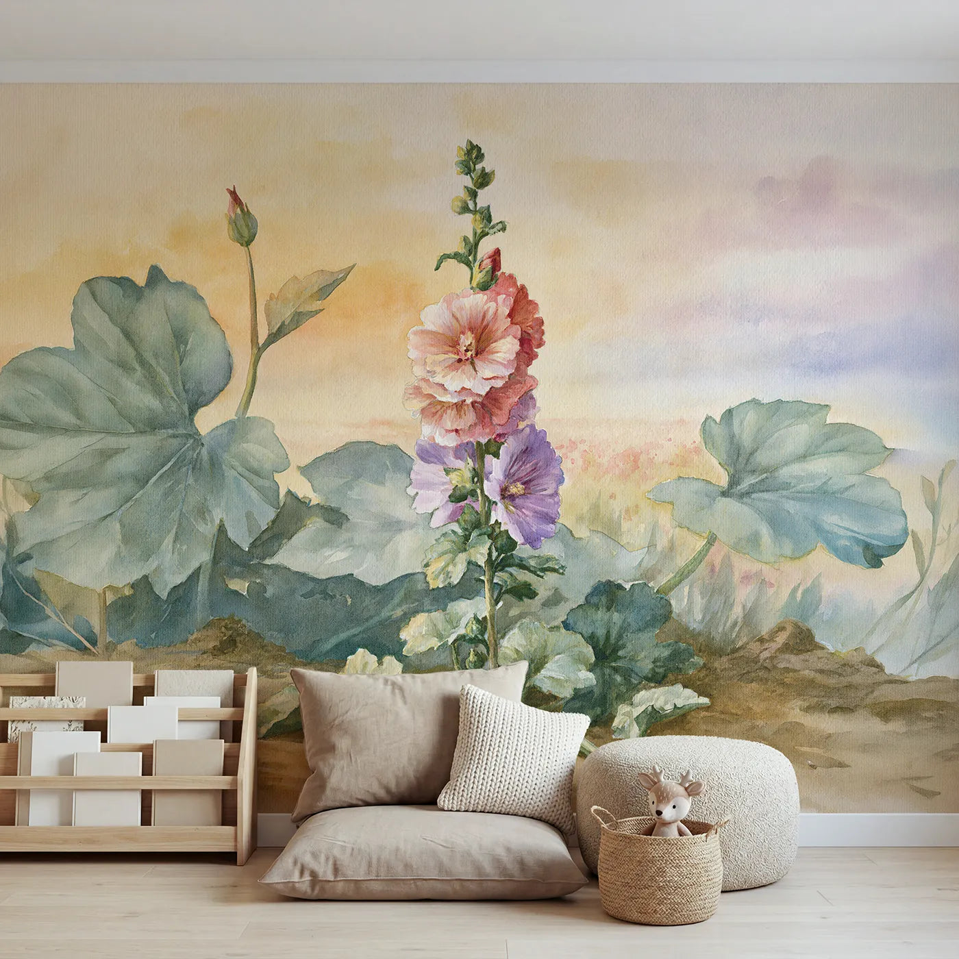 Watercolor wall mural of a layered hollyhock stem by Whimsy Tots