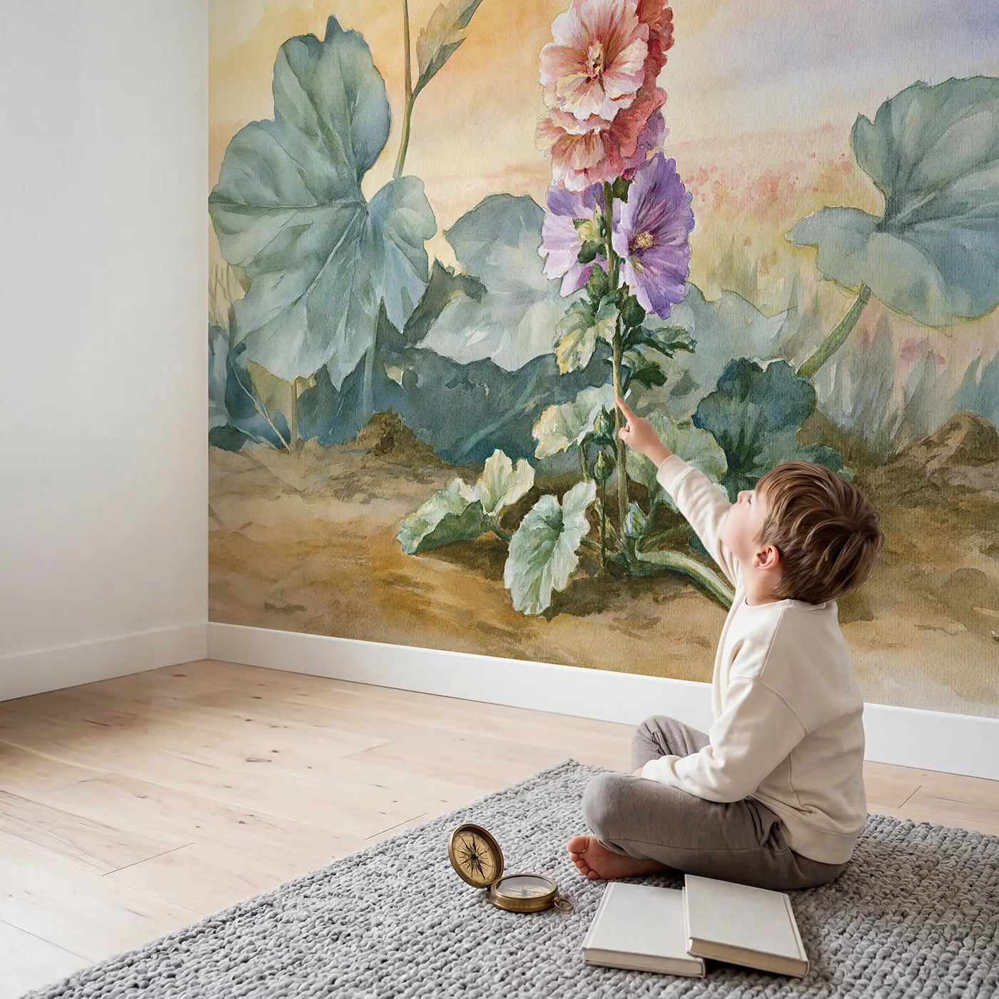 Child in nursery with Hollyhock Bloom Study Wallpaper Mural by Whimsy Tots