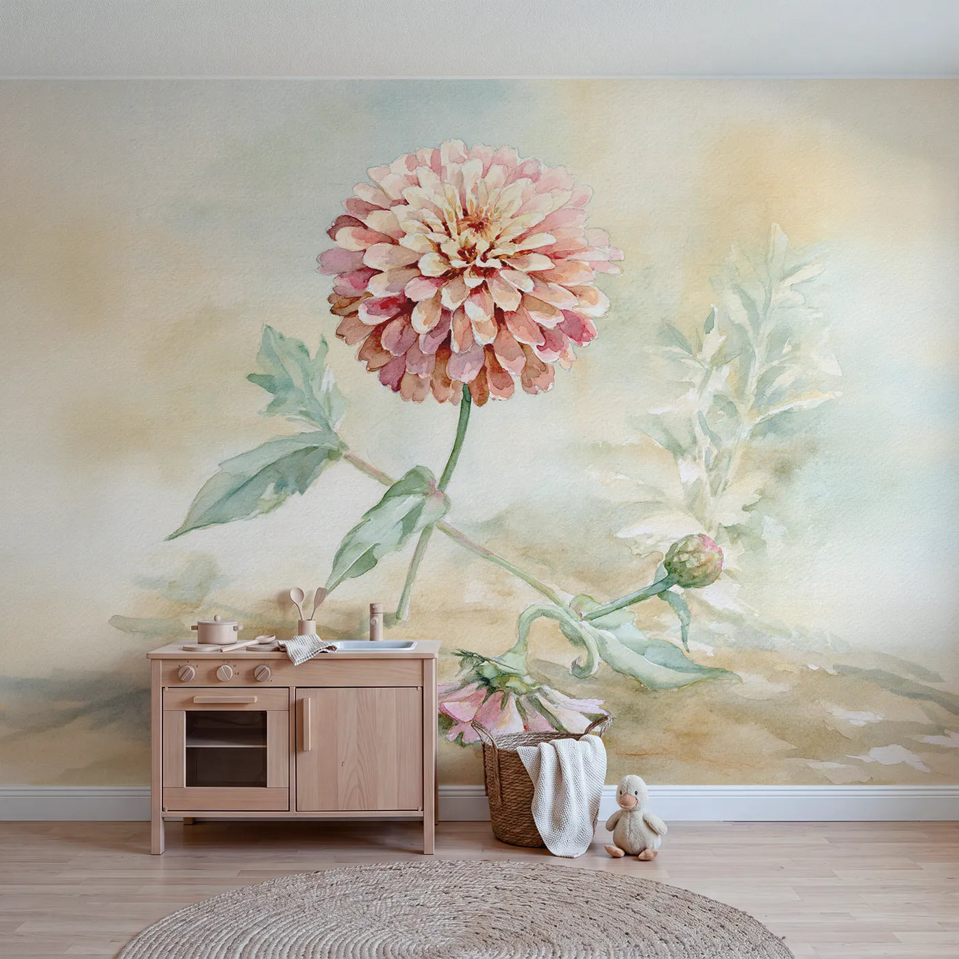 Watercolor wall mural of a layered zinnia bloom by Whimsy Tots