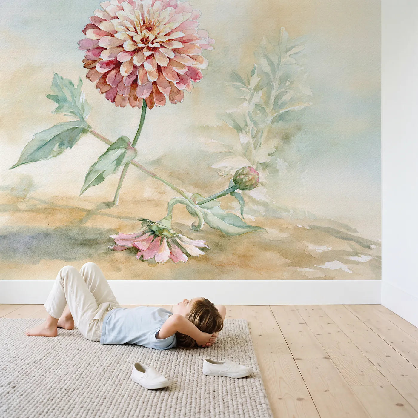 Child in nursery with Zinnia Flower Study Wallpaper Mural by Whimsy Tots