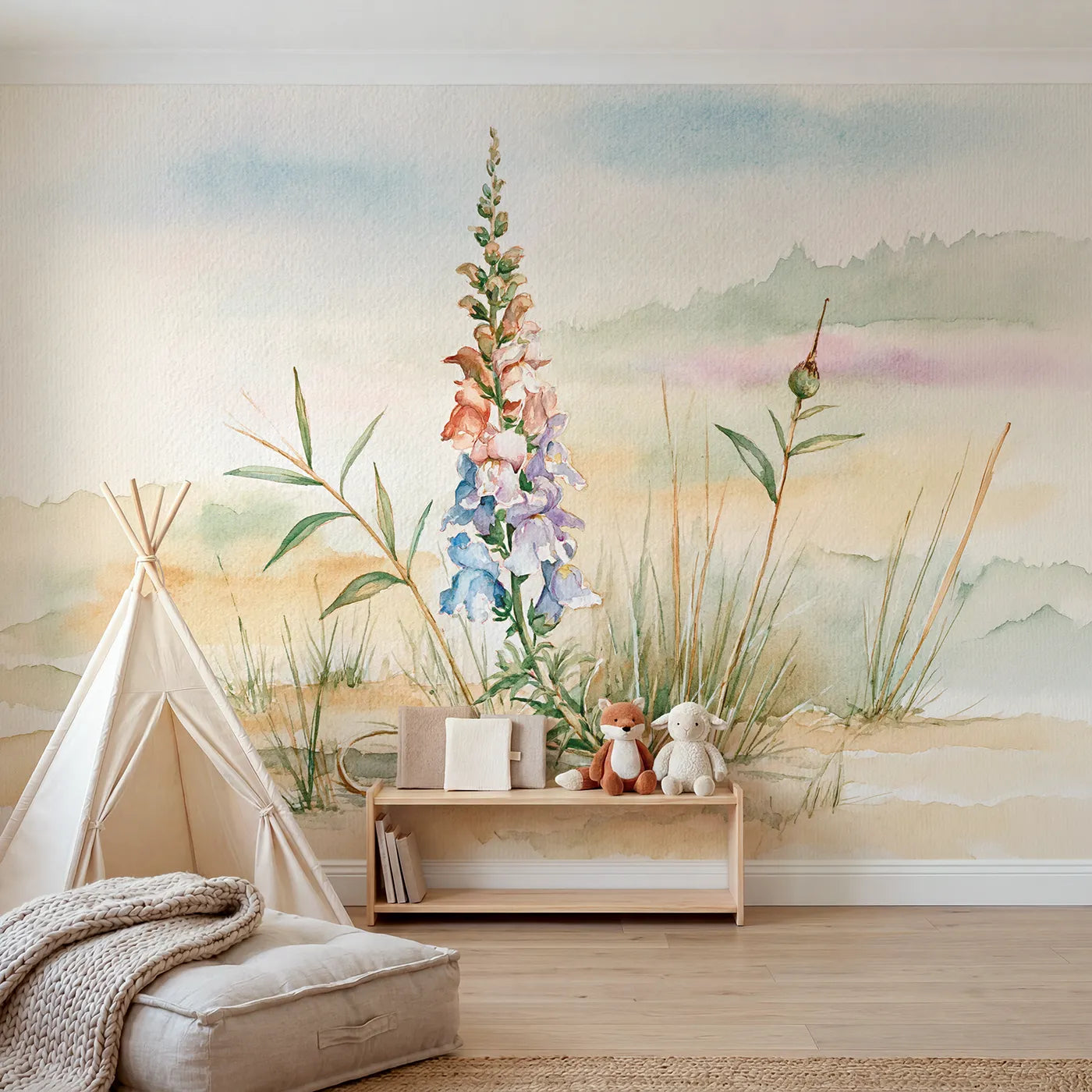 Watercolor wall mural of a stacked snapdragon stem by Whimsy Tots