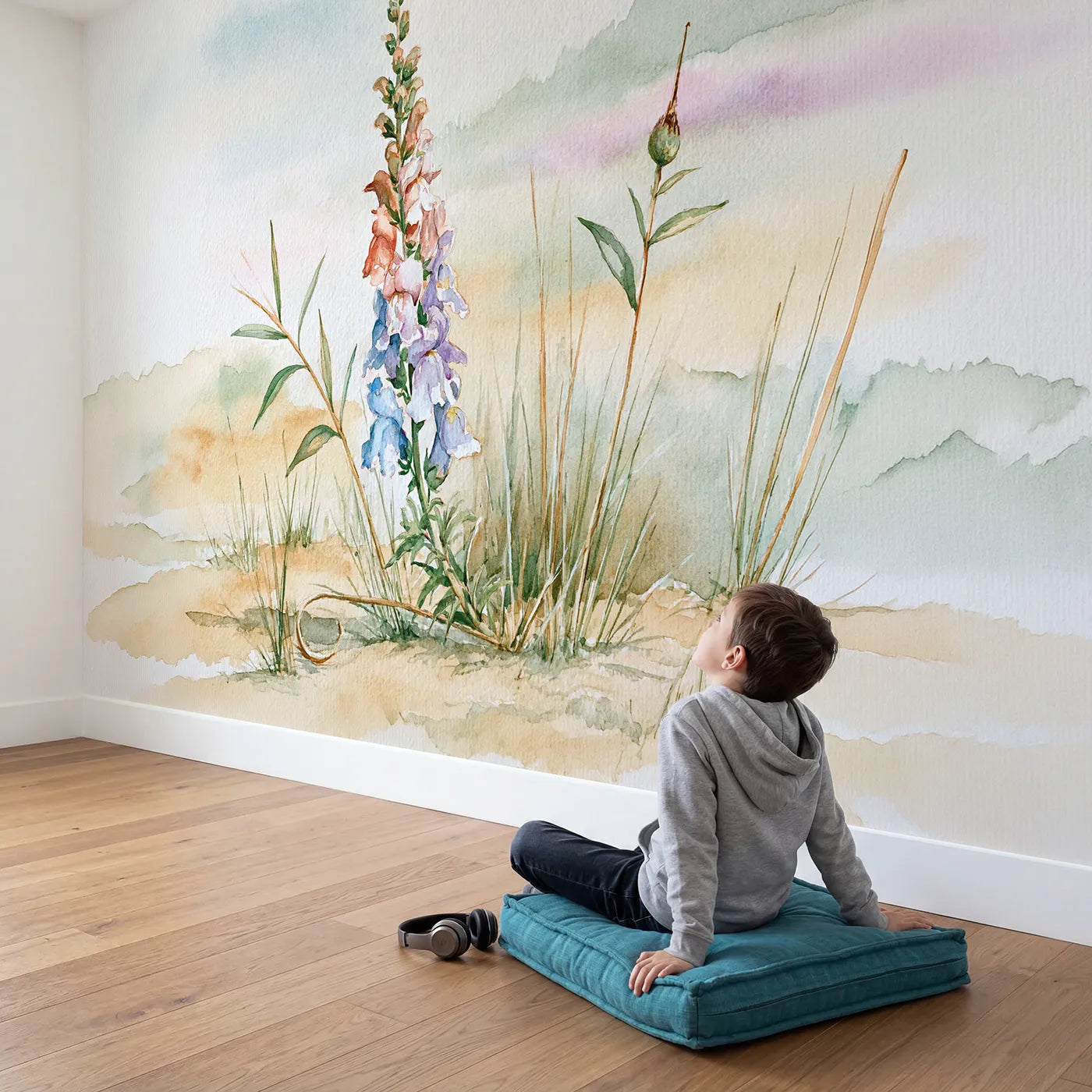 Child in nursery with Snapdragon Stem Study Wallpaper Mural by Whimsy Tots
