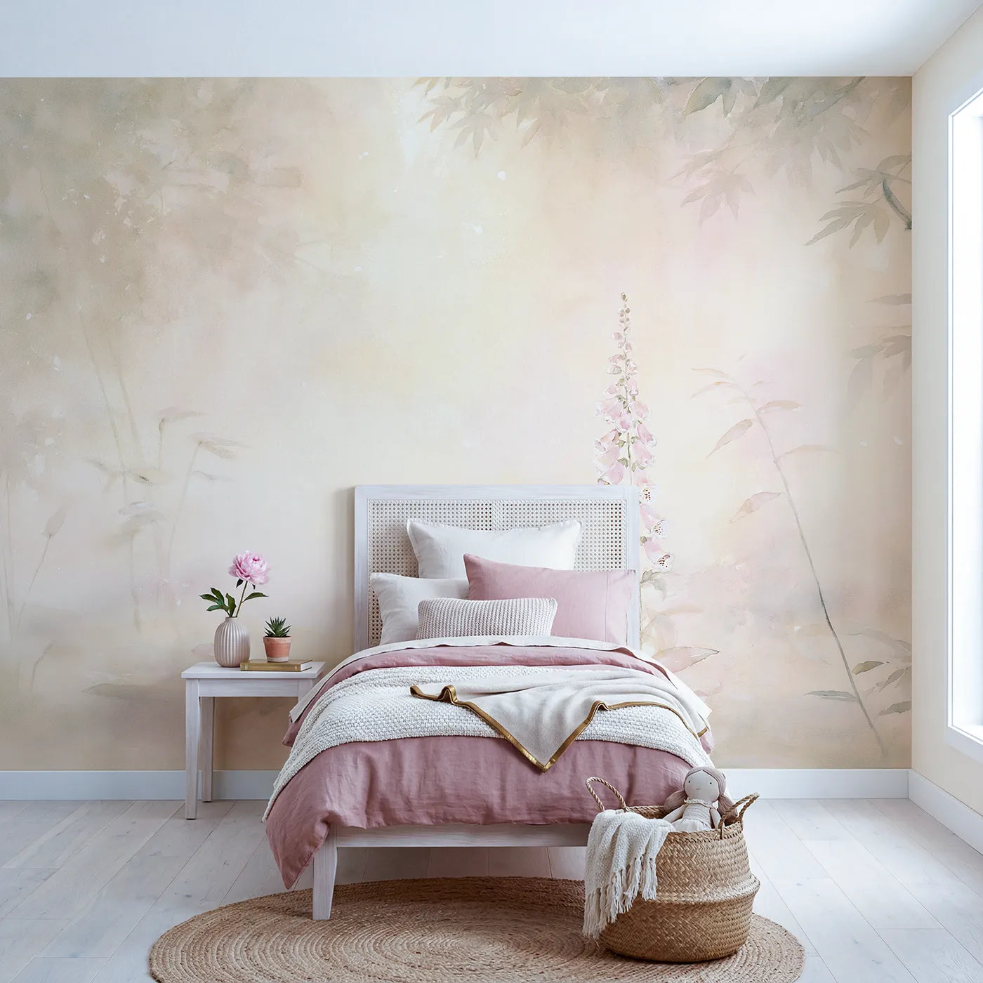 Watercolor wall mural of misty rising foxgloves by Whimsy Tots