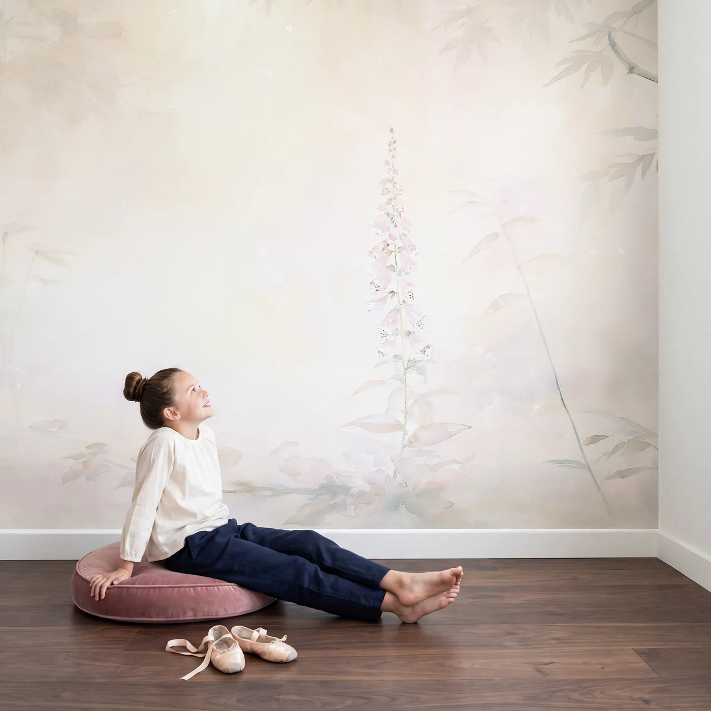 Child in nursery with Misty Foxglove Garden Wallpaper Mural by Whimsy Tots