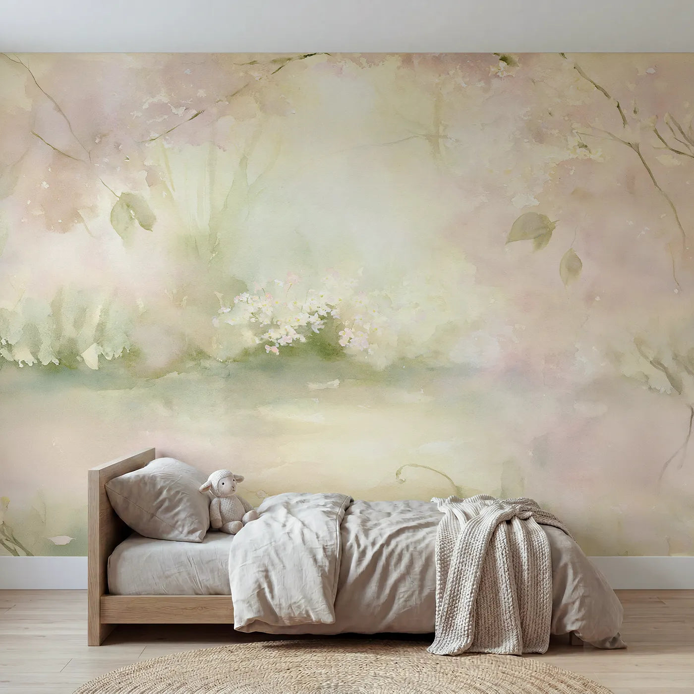 Watercolor wall mural of glowing soft garden blooms by Whimsy Tots