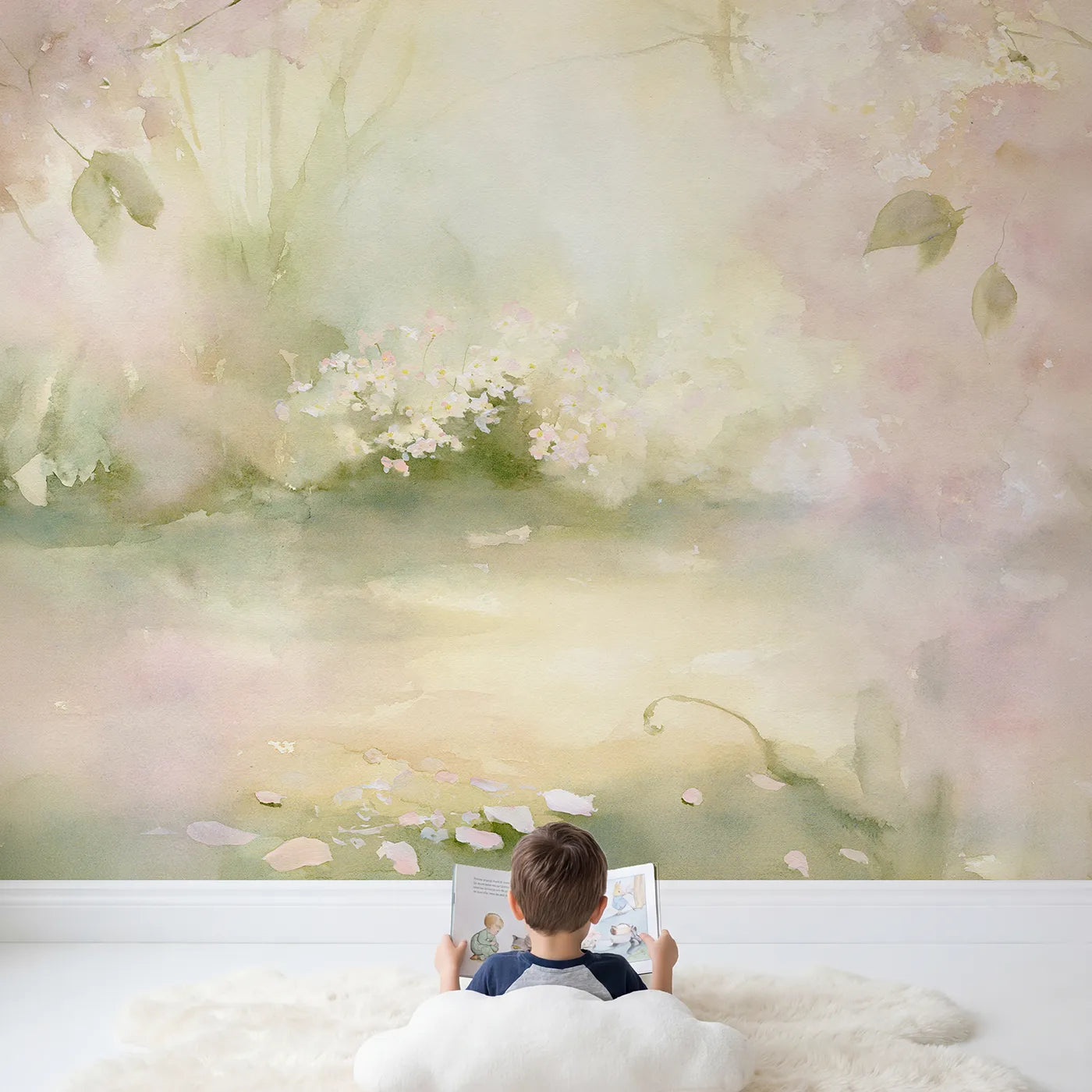Child in nursery with Soft Garden Blooms Wallpaper Mural by Whimsy Tots