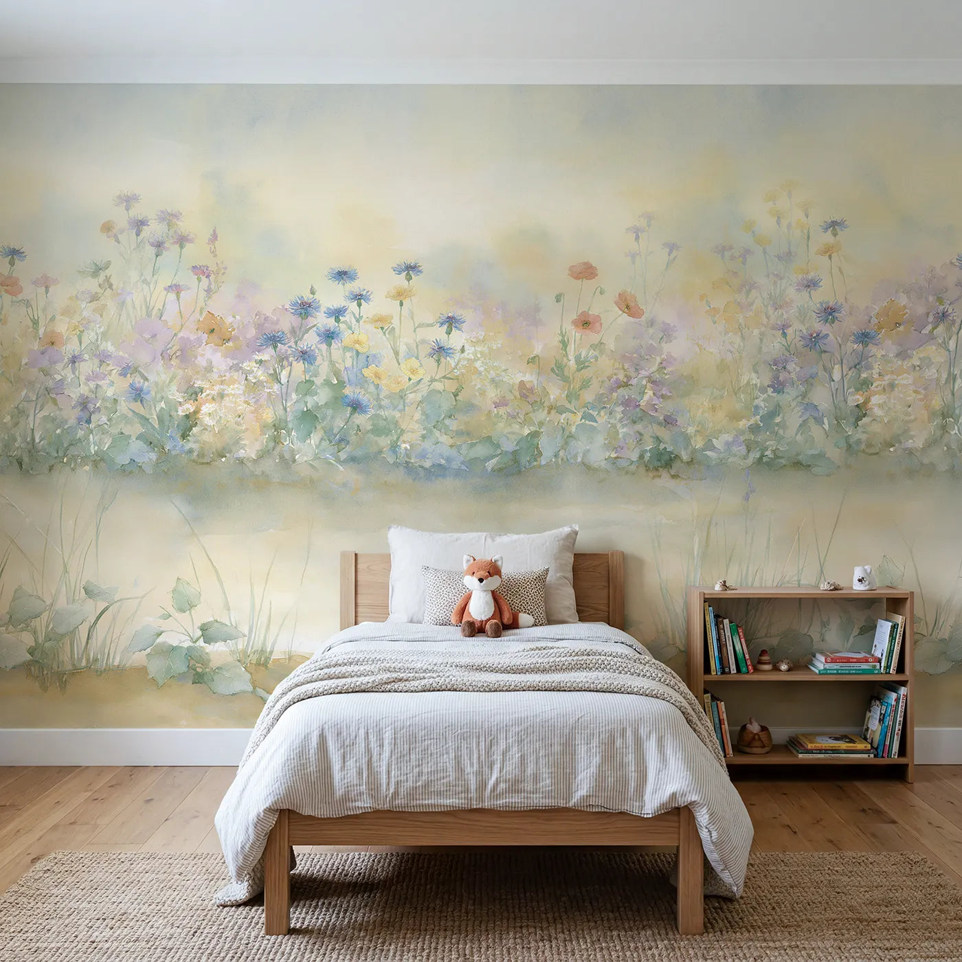 Watercolor wall mural of a hazy garden flower border by Whimsy Tots