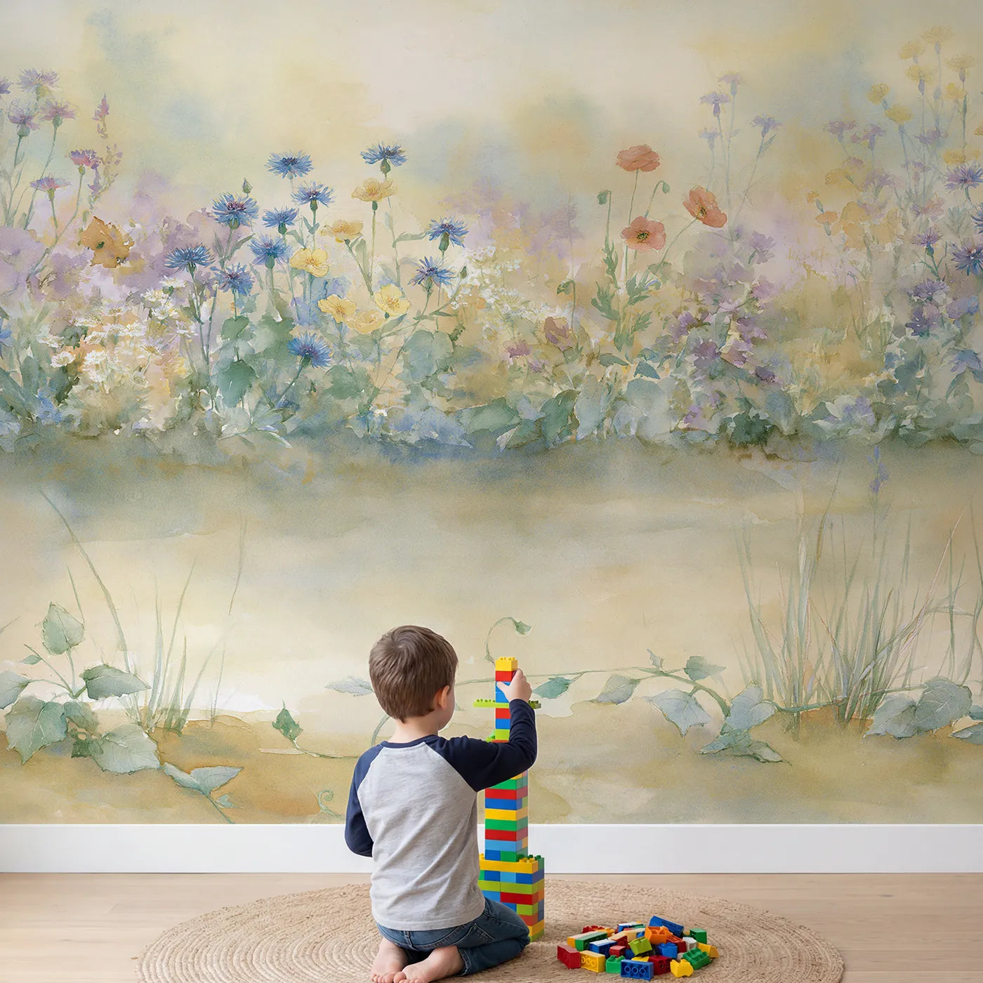 Child in nursery with Hazy Flower Border Wallpaper Mural by Whimsy Tots