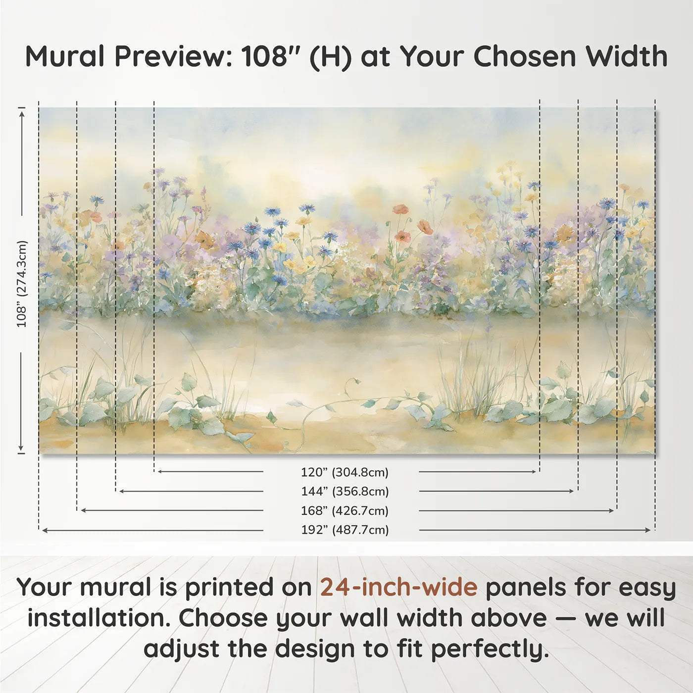 Panel layout and dimensions for Hazy Flower Border Wallpaper Mural by Whimsy Tots