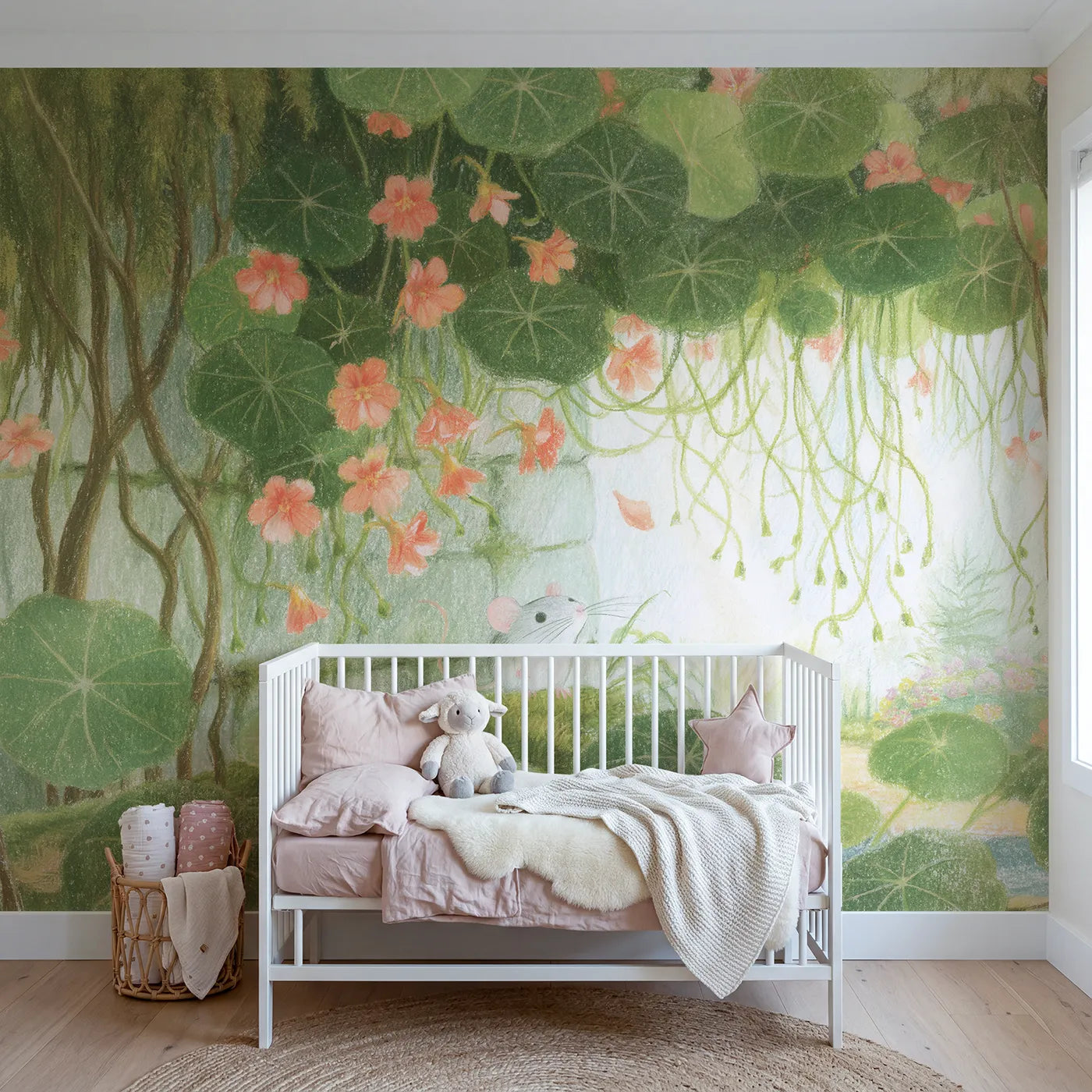 Colored Pencil nasturtiums pouring over old stone, mural for a toddler room by Whimsy Tots