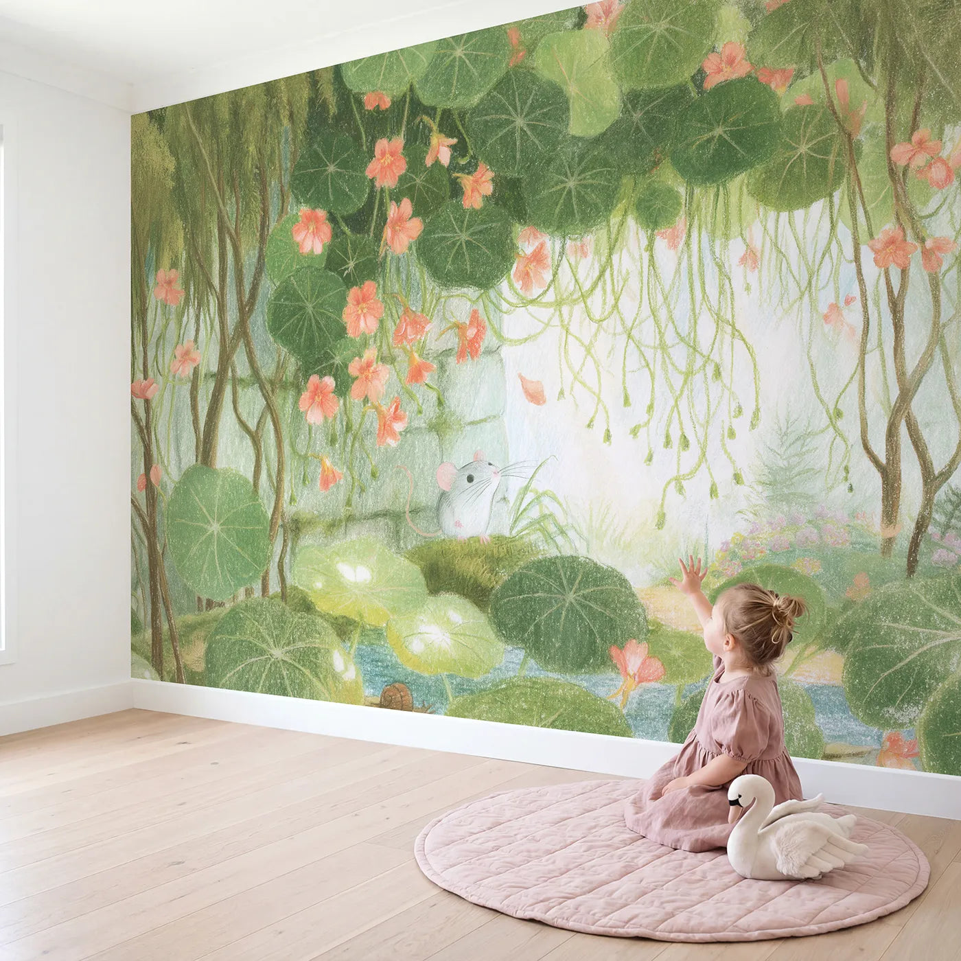 Child in nursery with Nasturtium Waterfall Wallpaper Mural by Whimsy Tots