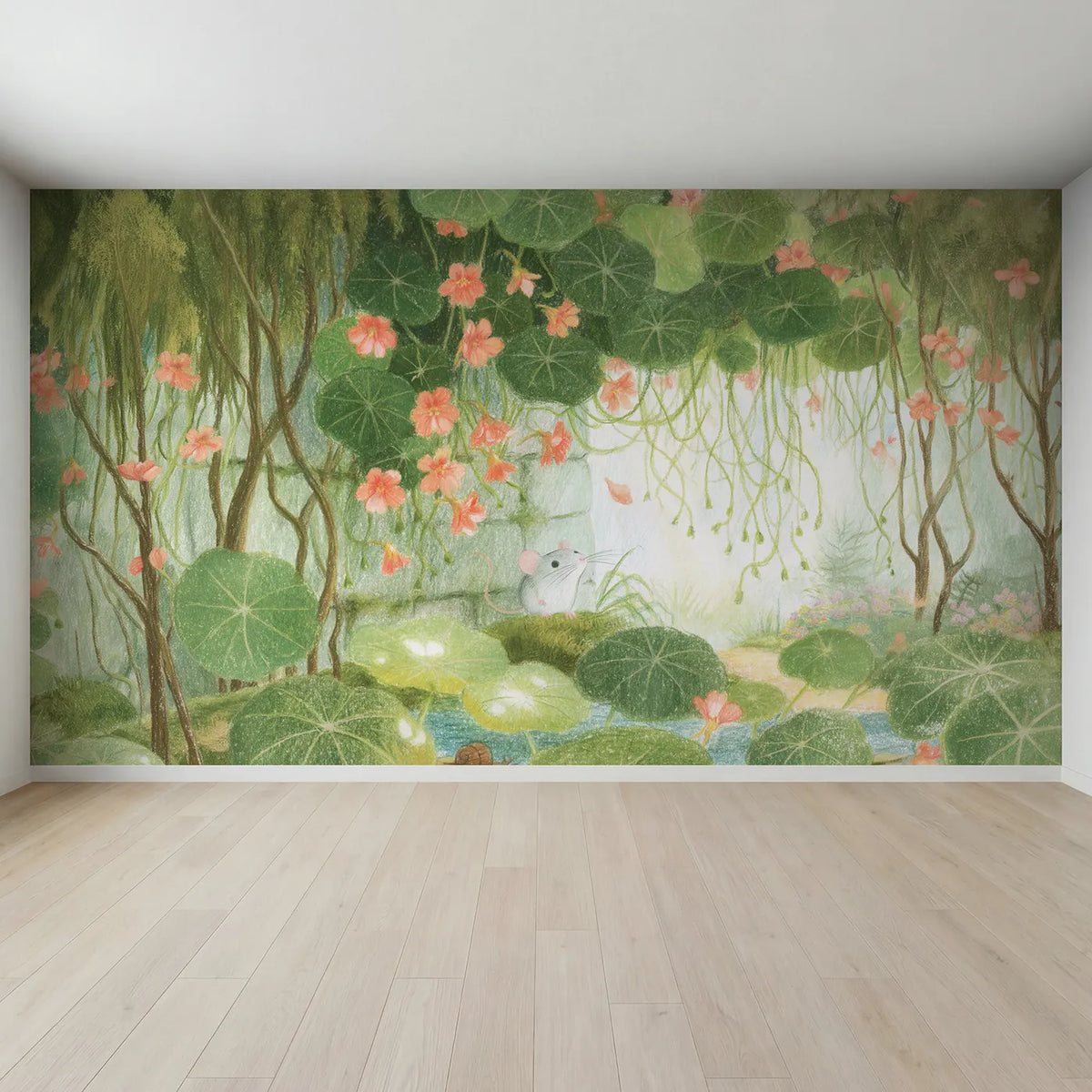 Full view of Nasturtium Waterfall Wallpaper Mural by Whimsy Tots