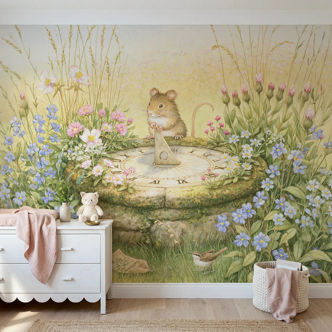 Storybook flower sundial read by a small mouse, wall mural for a big-kid bedroom by Whimsy Tots