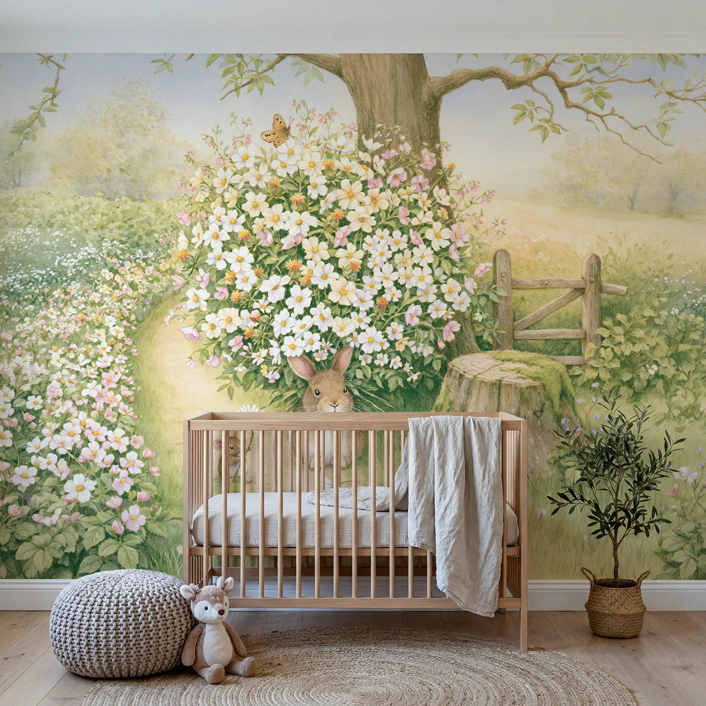 Storybook walking bouquet with bunny feet beneath, wall mural for a playroom by Whimsy Tots