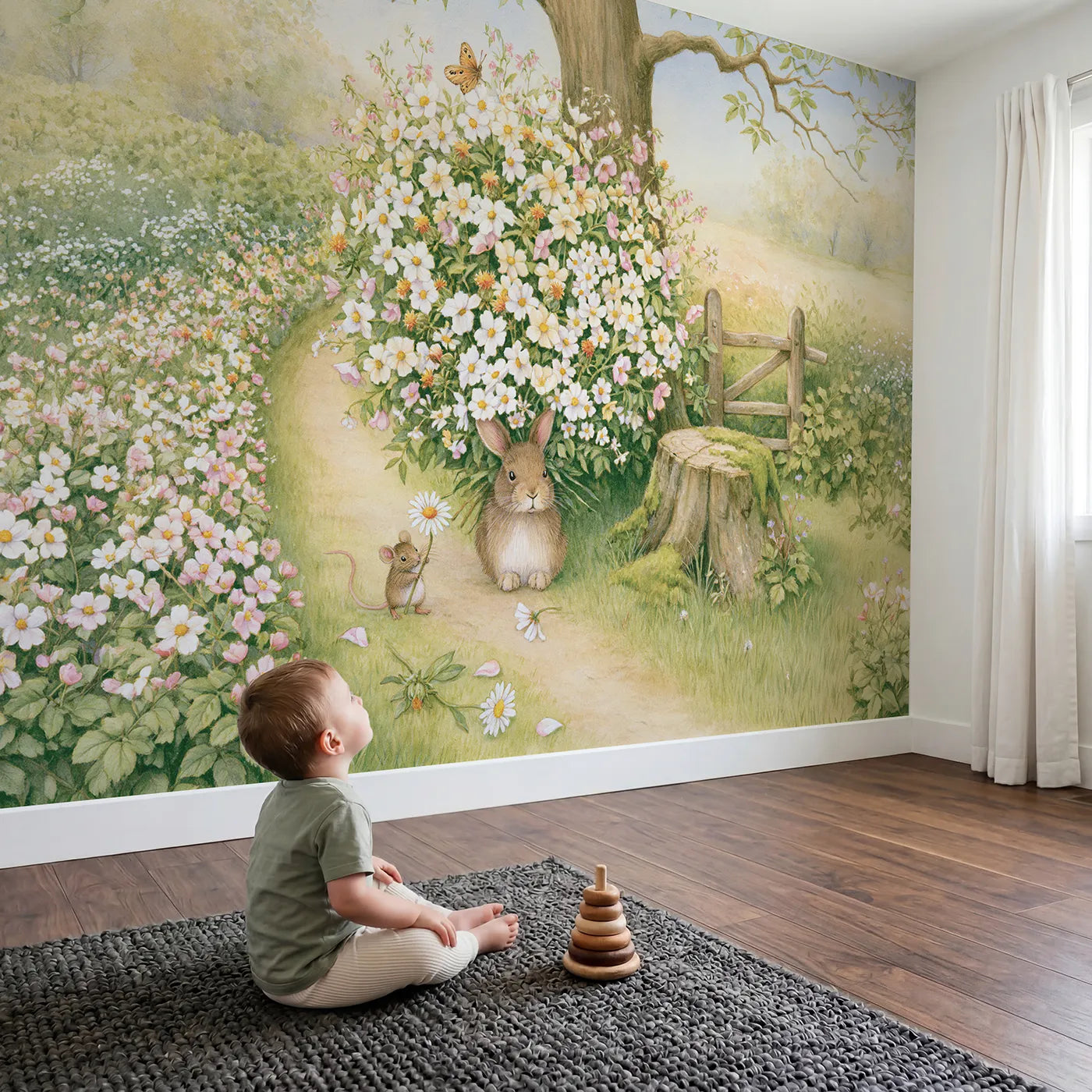 Child in nursery with The Walking Bouquet Wallpaper Mural by Whimsy Tots