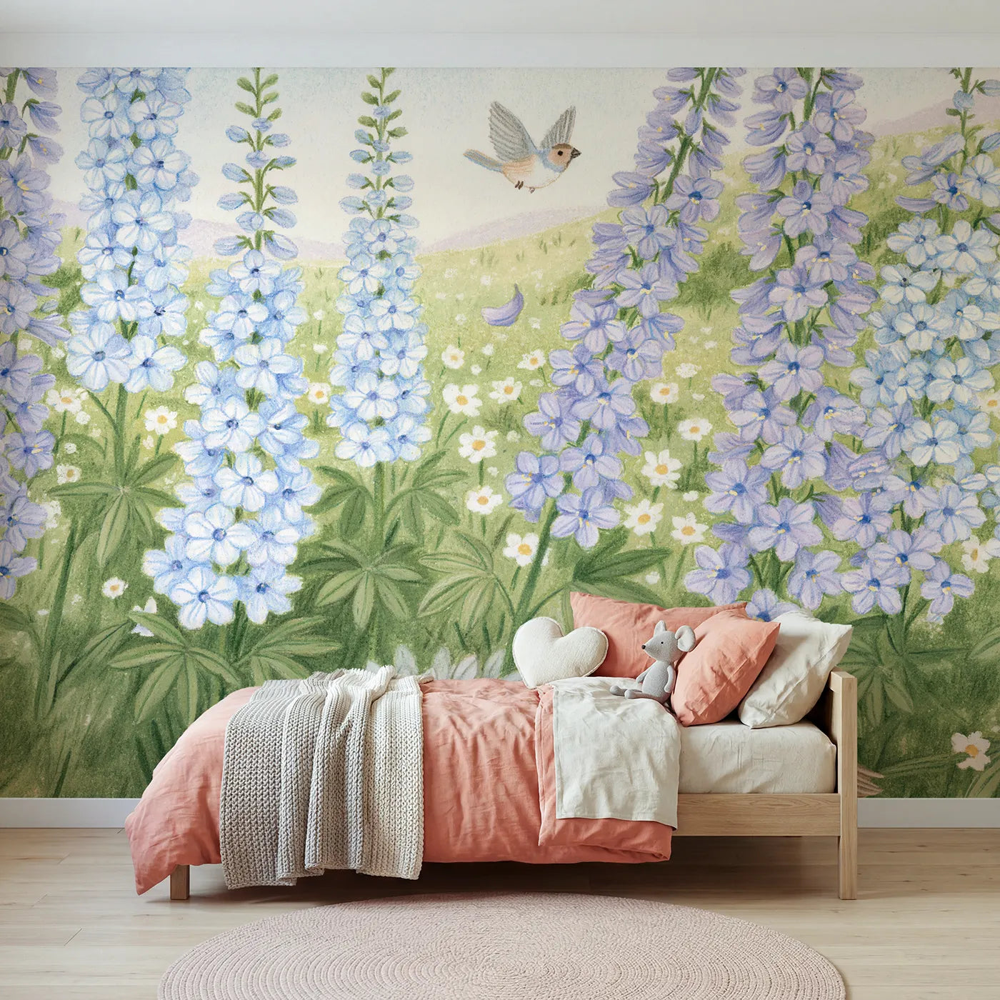 Colored Pencil finch flying between delphinium spires, wall mural for a toddler room by Whimsy Tots
