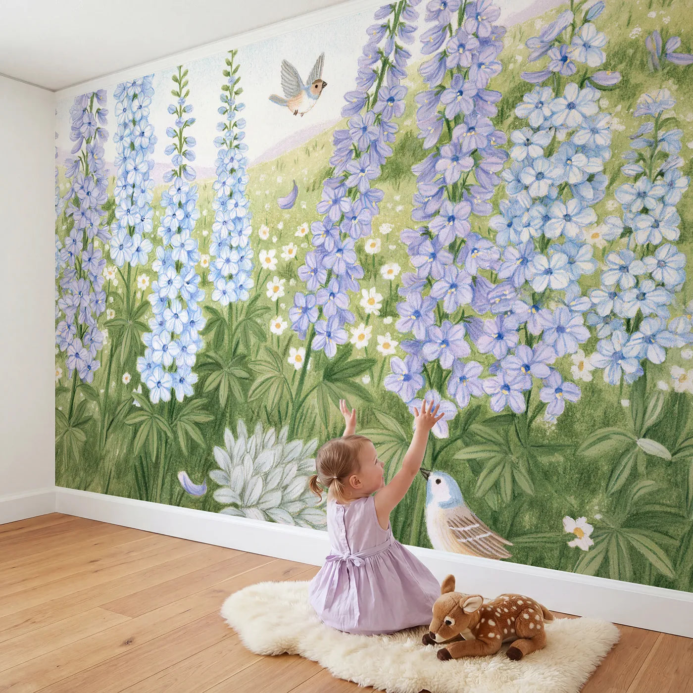 Child in nursery with Delphinium Flight Path Wallpaper Mural by Whimsy Tots