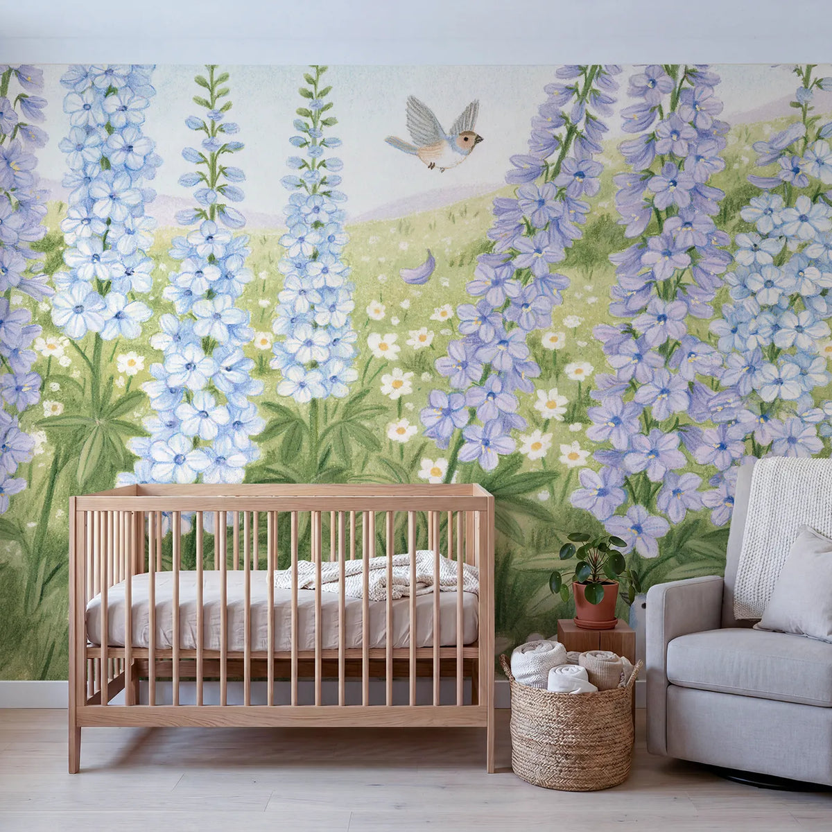 Delphinium Flight Path Wallpaper Mural in playroom setting by Whimsy Tots