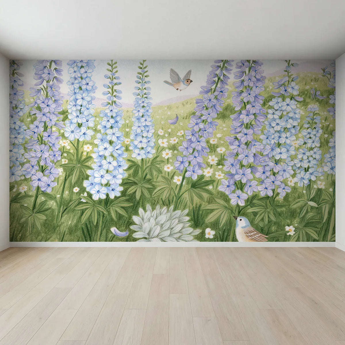 Full view of Delphinium Flight Path Wallpaper Mural by Whimsy Tots
