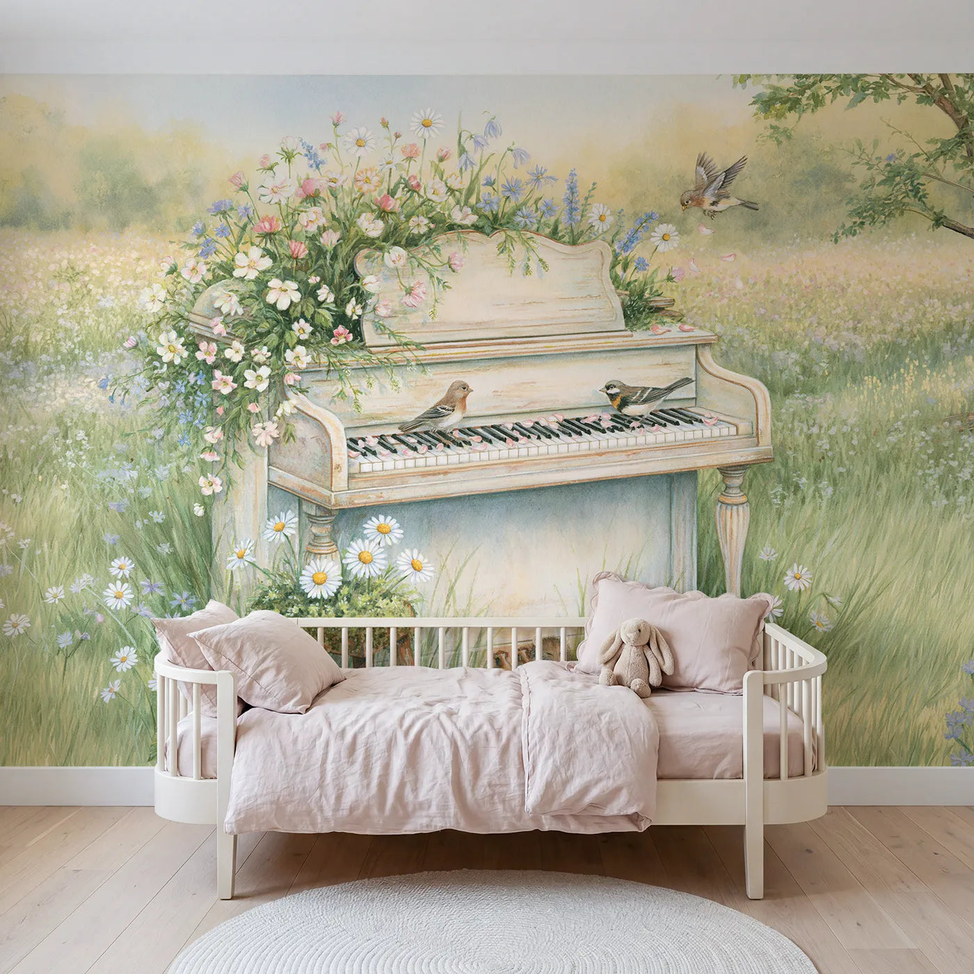 Storybook overgrown garden piano with songbirds, wall mural for a girls room by Whimsy Tots