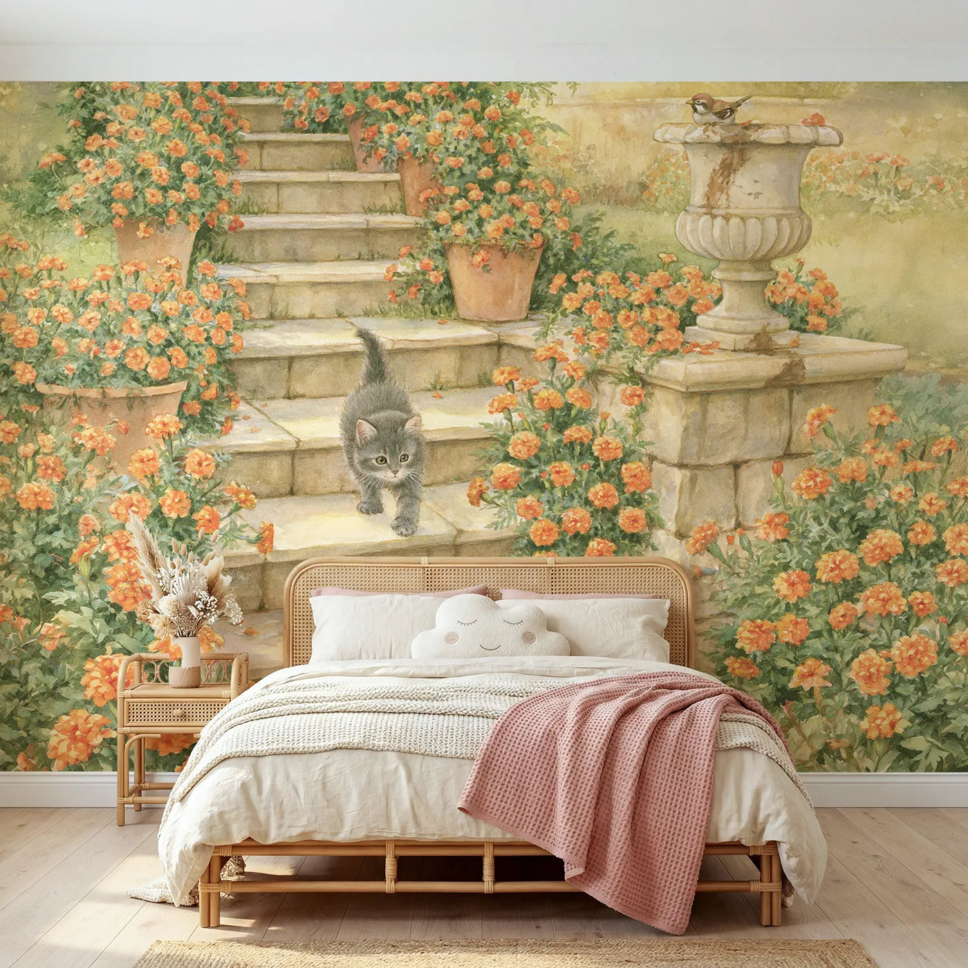 Storybook kitten on marigold-covered garden steps, wall mural for a rented bedroom by Whimsy Tots