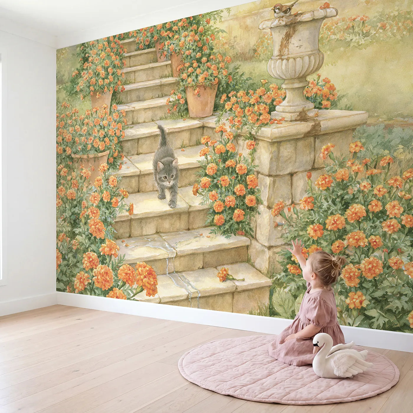 Child in nursery with Marigold Garden Steps Wallpaper Mural by Whimsy Tots