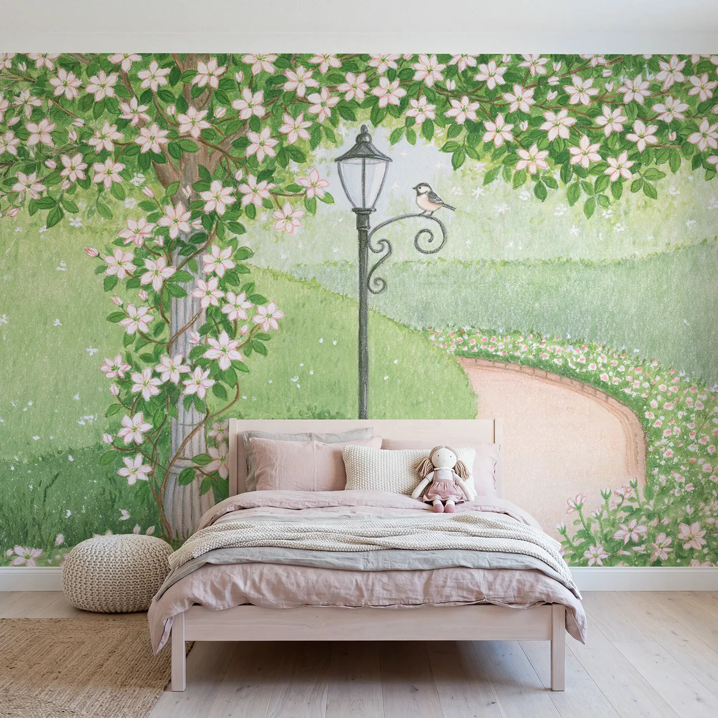 Colored Pencil clematis winding an iron lamppost, wall mural for a bedroom by Whimsy Tots