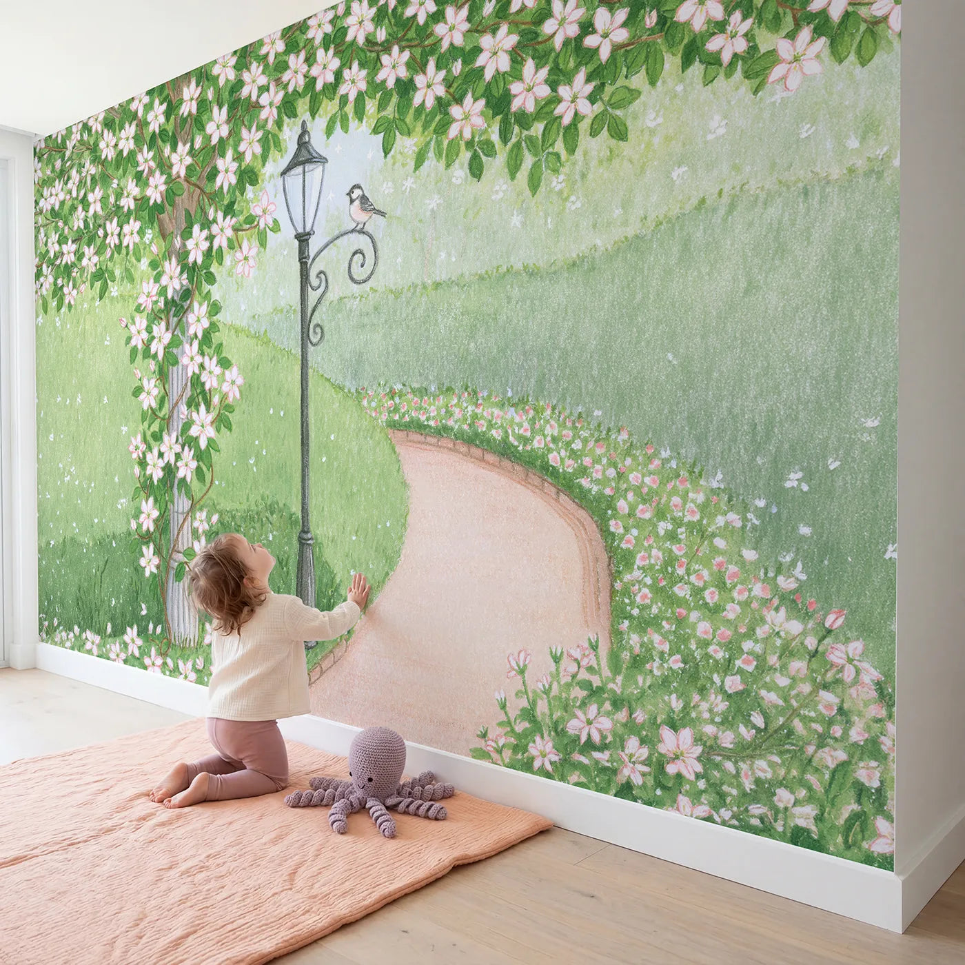 Child in nursery with Clematis Lamppost Wallpaper Mural by Whimsy Tots
