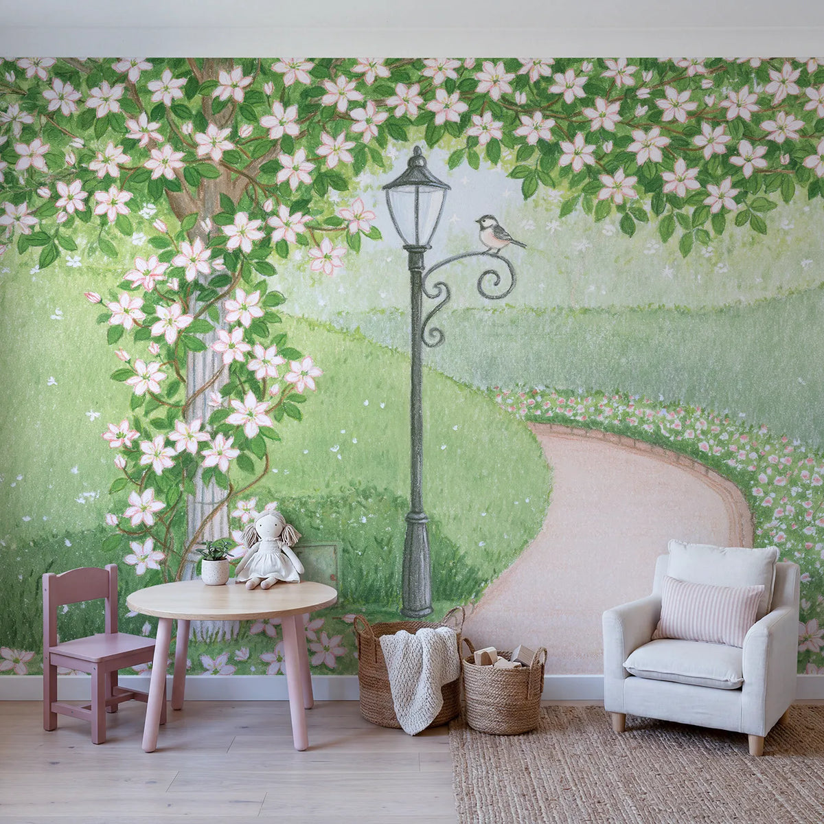 Clematis Lamppost Wallpaper Mural in playroom setting by Whimsy Tots