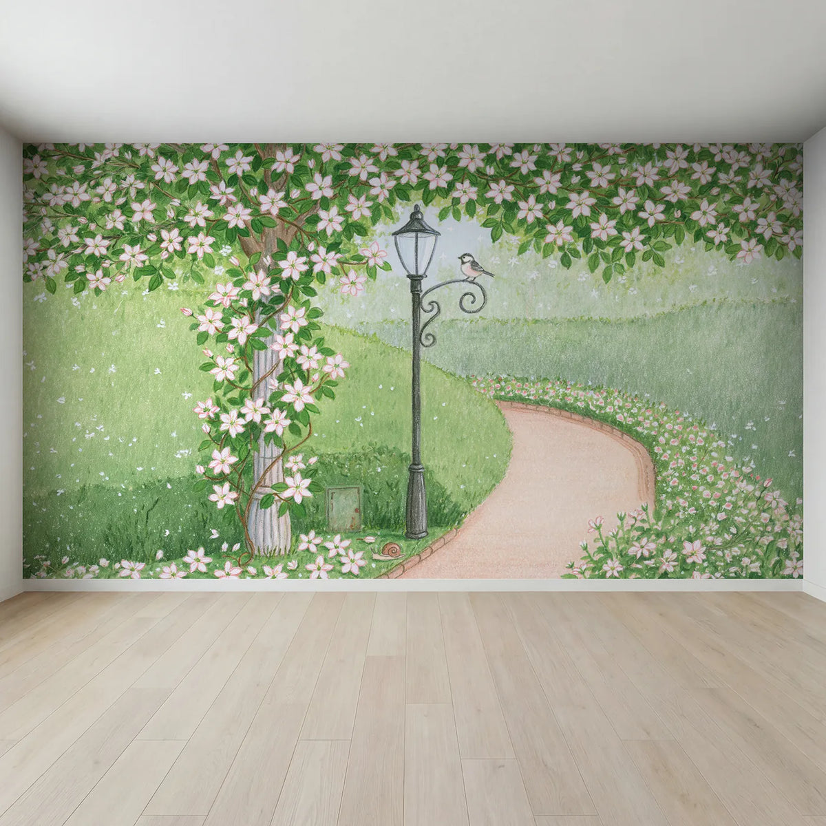 Full view of Clematis Lamppost Wallpaper Mural by Whimsy Tots
