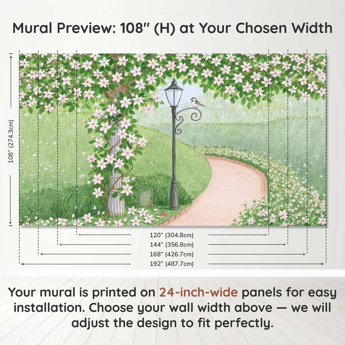 Panel layout and dimensions for Clematis Lamppost Wallpaper Mural by Whimsy Tots