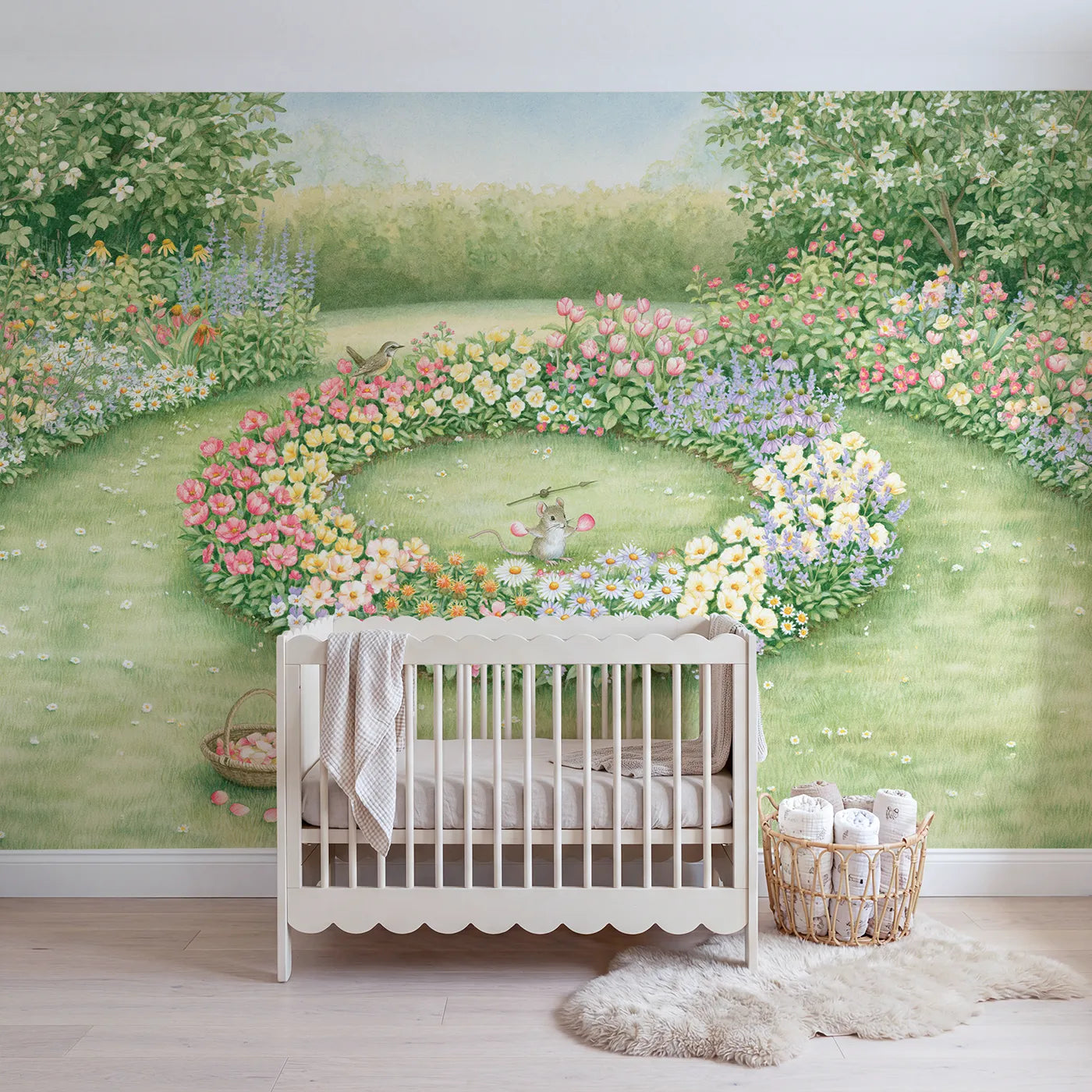 Storybook round flower bed planted as a color wheel, wall mural for a kids room by Whimsy Tots