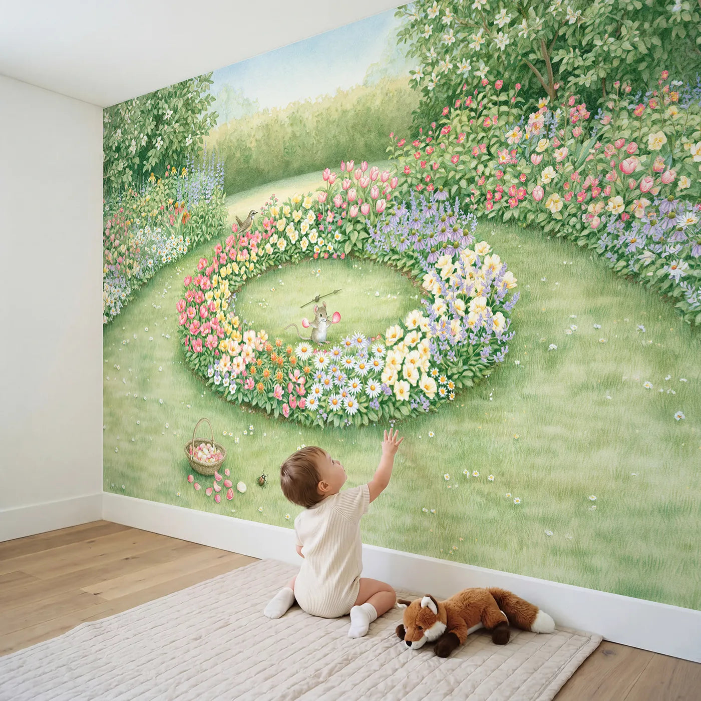 Child in nursery with The Flower Color Wheel Wallpaper Mural by Whimsy Tots