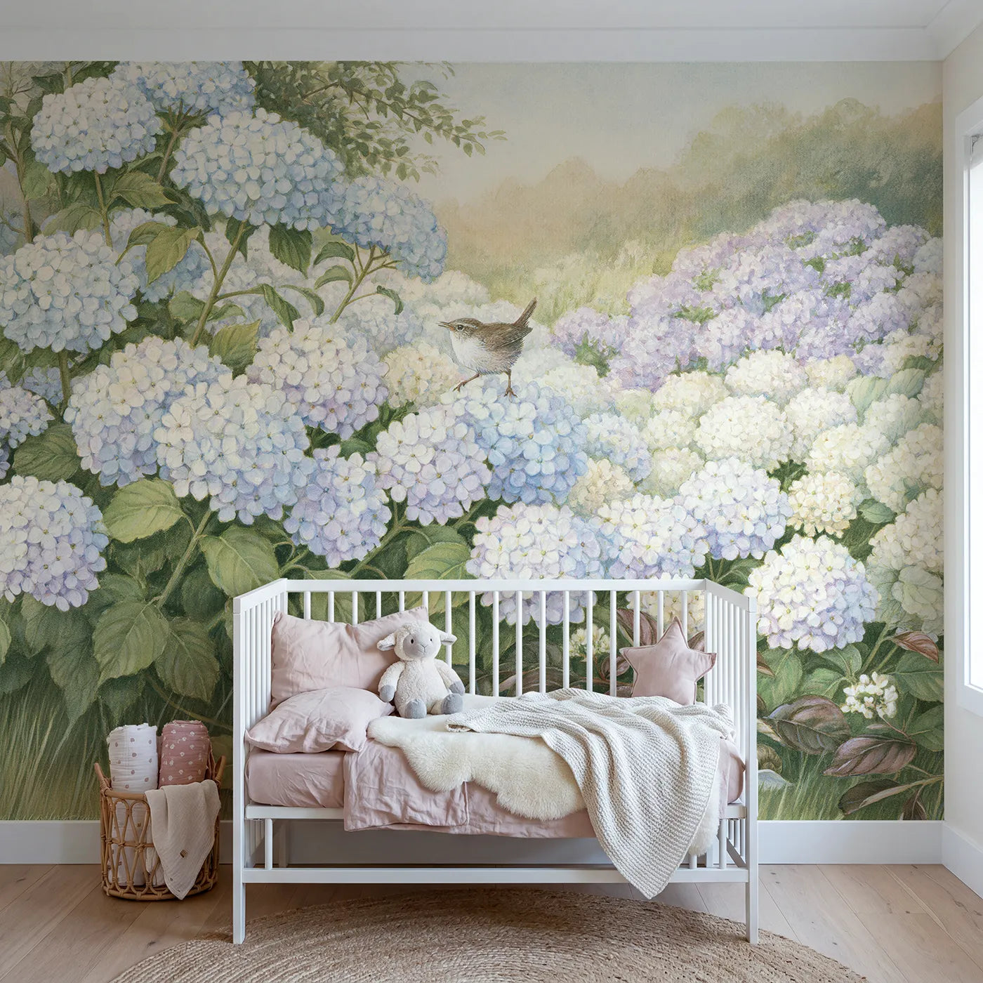 Storybook wren hopping across a hydrangea bank, wall mural for a girls room by Whimsy Tots