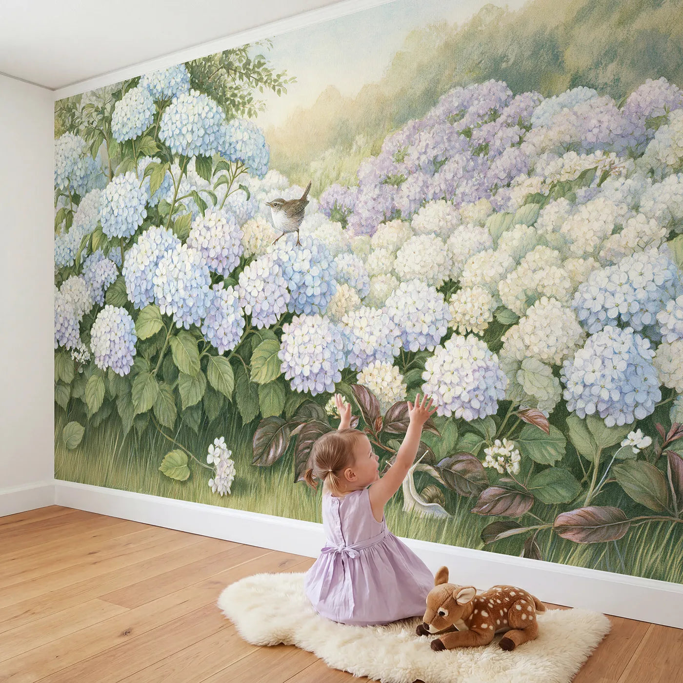 Child in nursery with Hydrangea Cloud Bank Wallpaper Mural by Whimsy Tots