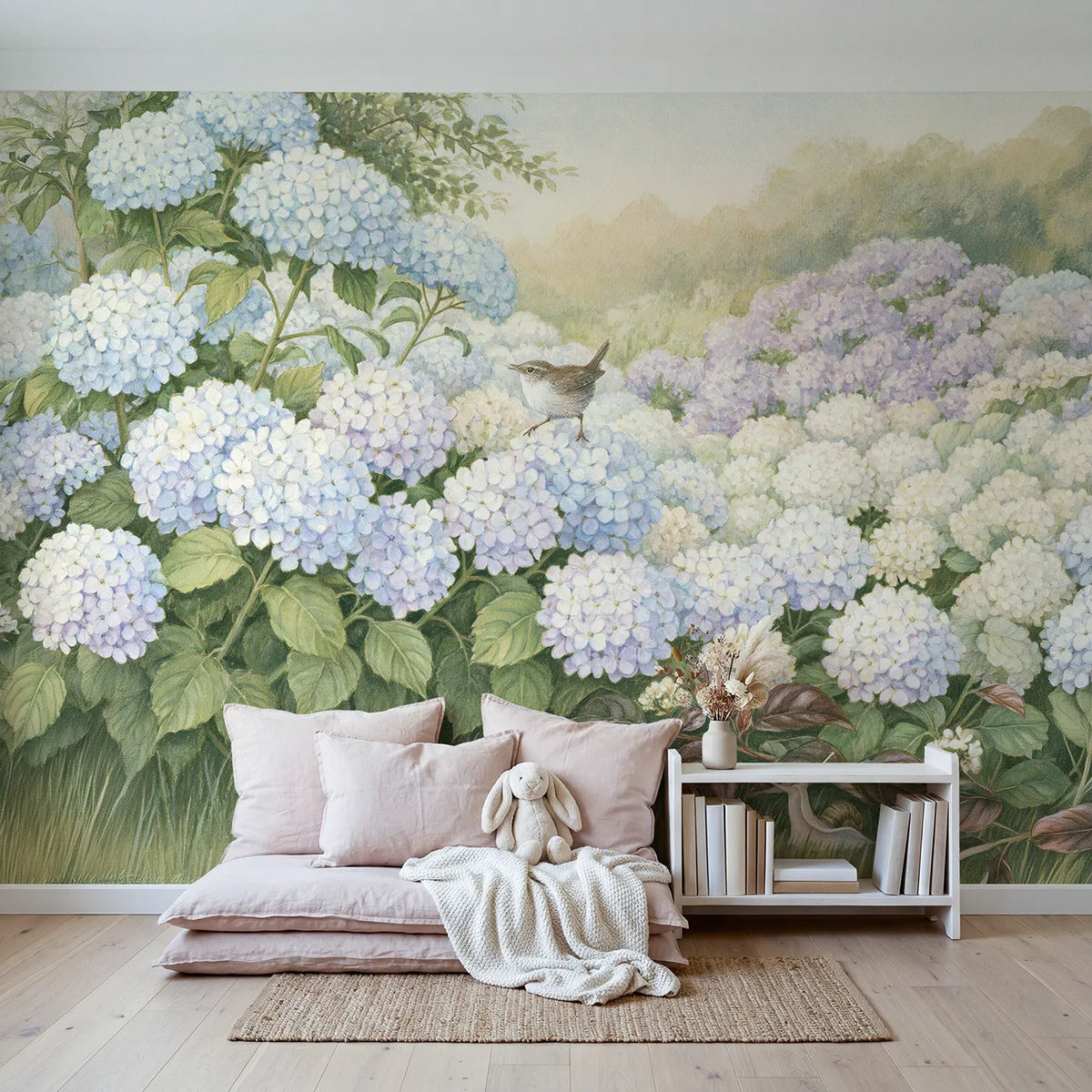 Hydrangea Cloud Bank Wallpaper Mural in playroom setting by Whimsy Tots