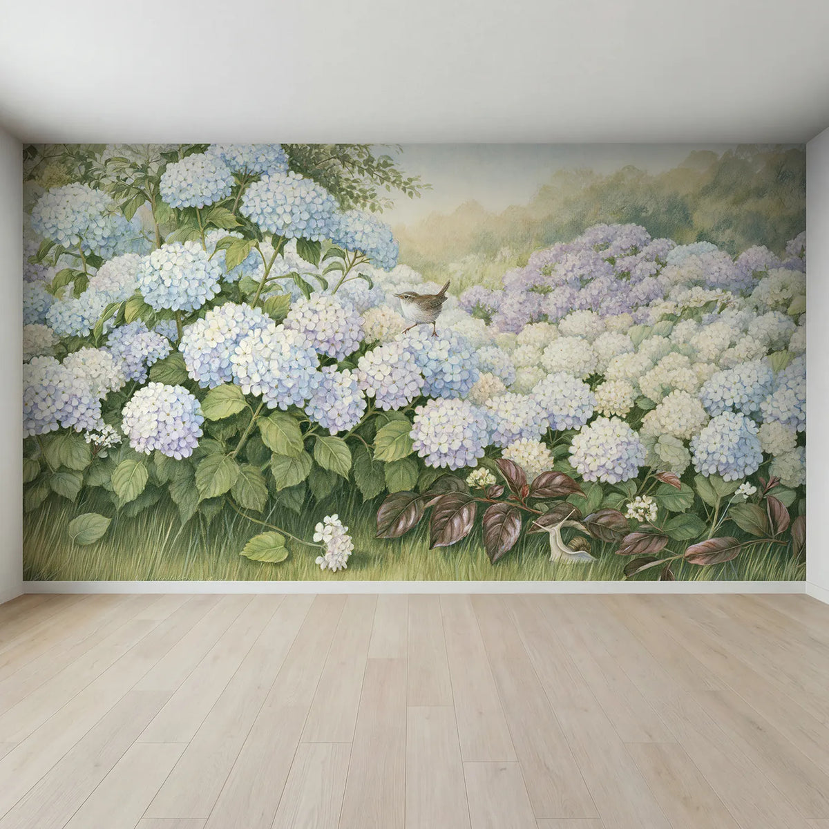 Full view of Hydrangea Cloud Bank Wallpaper Mural by Whimsy Tots