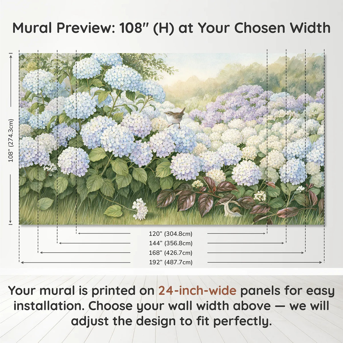 Panel layout and dimensions for Hydrangea Cloud Bank Wallpaper Mural by Whimsy Tots