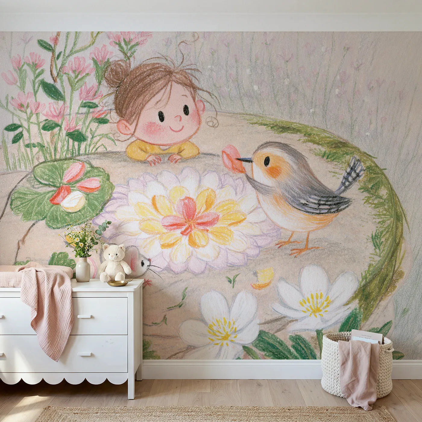 Colored Pencil petal spiral laid on a flat stone, mural for a big-kid bedroom by Whimsy Tots