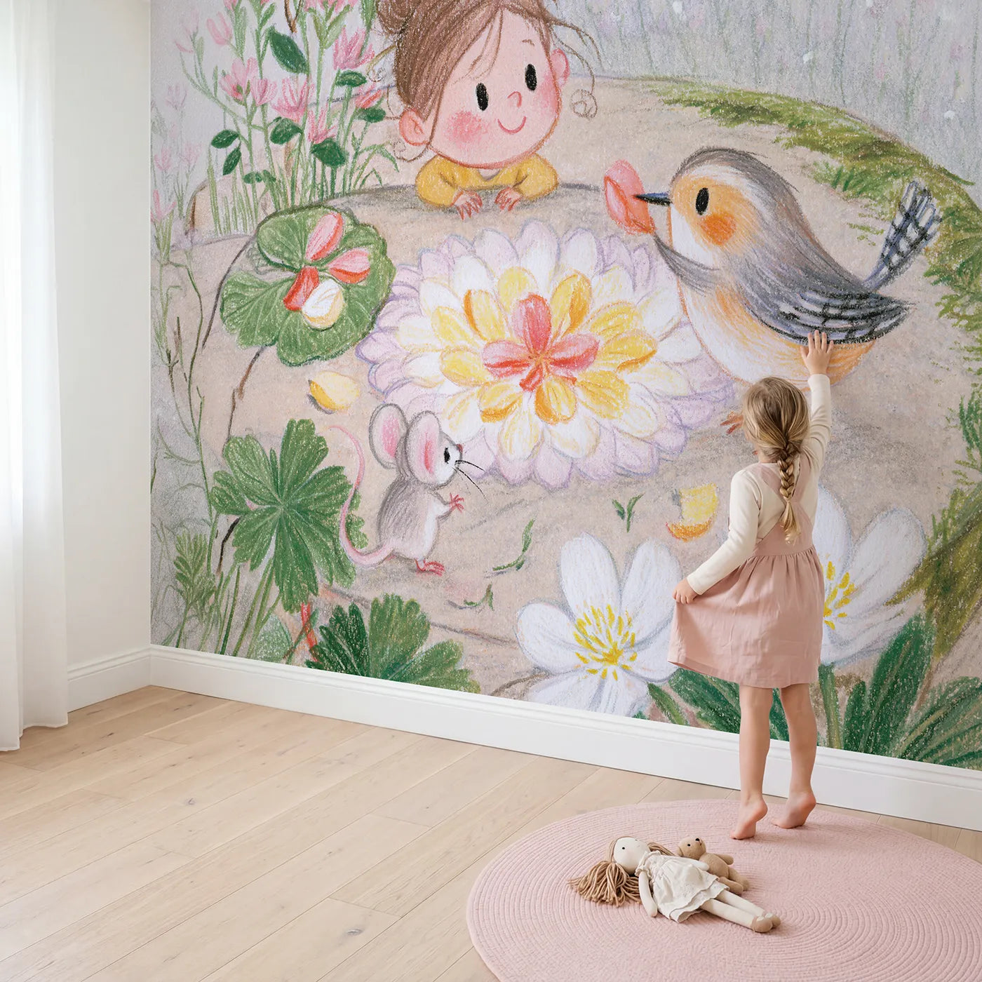 Child in nursery with The Petal Spiral Wallpaper Mural by Whimsy Tots