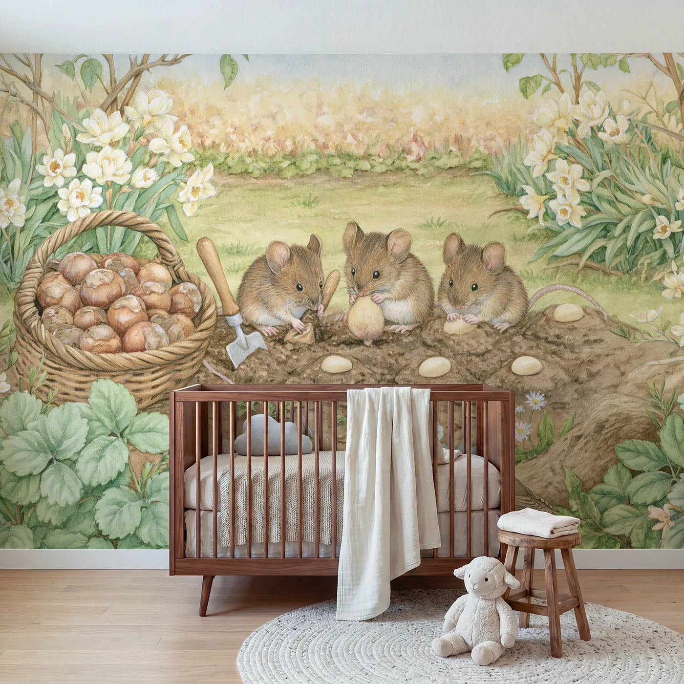 Storybook mice planting spring bulbs in a row, wall mural for a shared kids room by Whimsy Tots