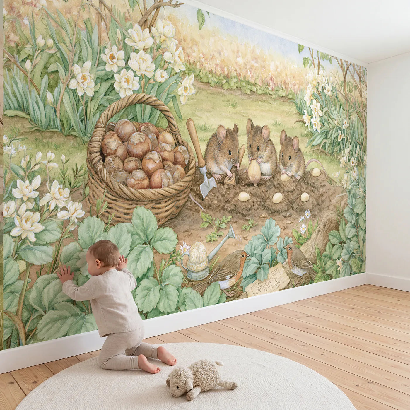 Child in nursery with The Bulb Planters Wallpaper Mural by Whimsy Tots