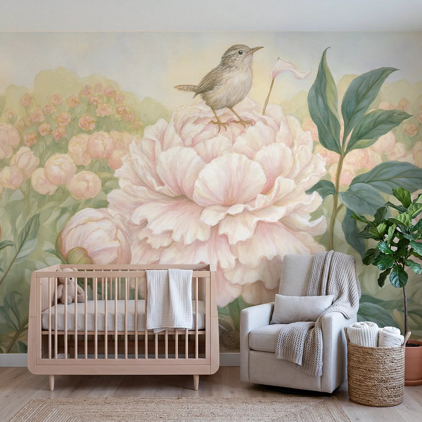 Storybook wren standing on top of a giant peony, wall mural for a playroom by Whimsy Tots