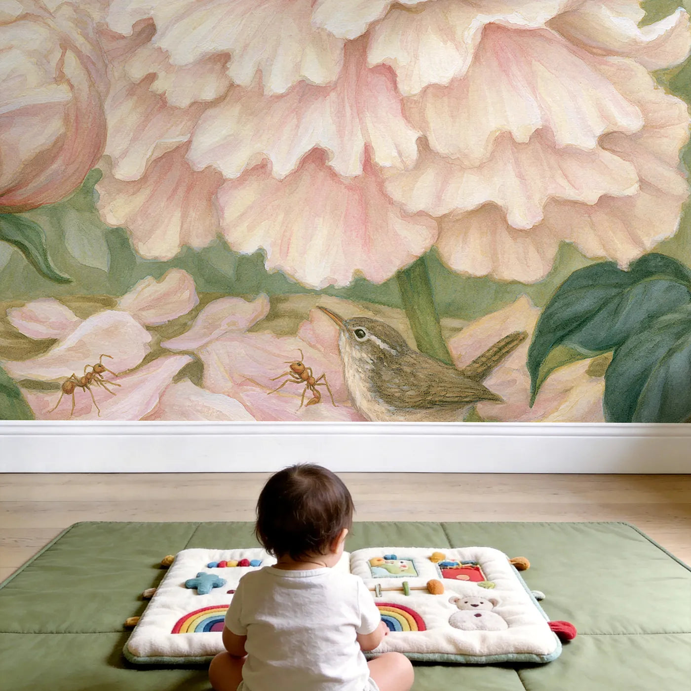 Child in nursery with The Peony Summit Wallpaper Mural by Whimsy Tots